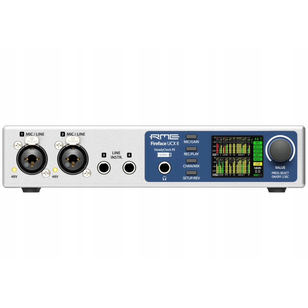 Interfejs audio RME Fireface UCX II z 2 wejściami mikrofonowymi, 2 liniowymi i wyświetlaczem.