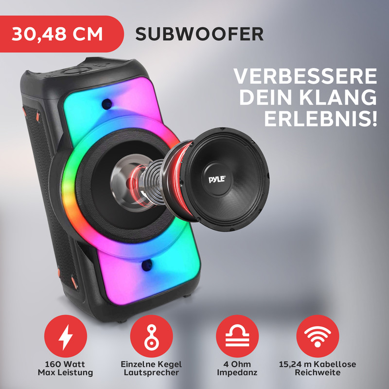 Ein 30,48 cm Subwoofer mit bunten Lichtern und einem abgebildeten Lautsprecher.