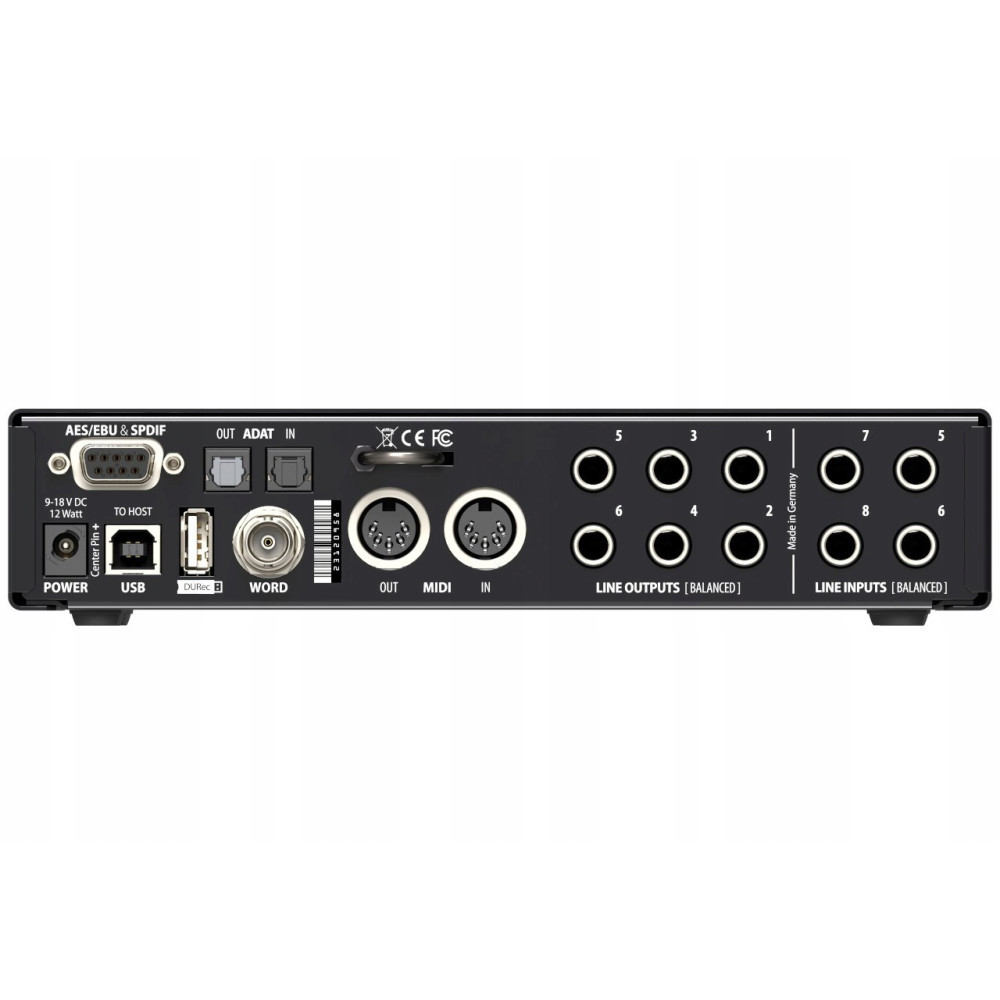 Tył interfejsu audio pokazujący połączenia zasilania, USB, Word Clock, MIDI, AES/EBU, ADAT i Line In/Out.