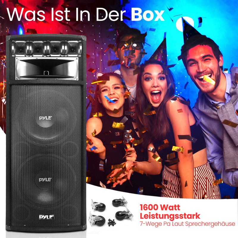 Ein großer schwarzer Lautsprecher steht vor einer fröhlichen Gruppe, die mit Konfetti feiert.