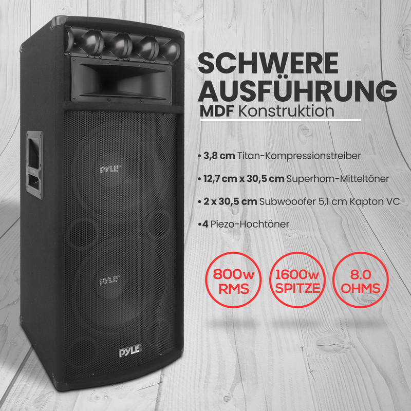 Schwarzer Pyle Lautsprecher mit Hochtönern und technischen Daten.