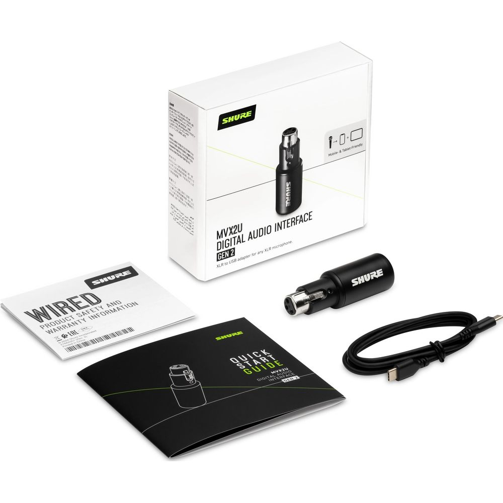 Pudełko Shure MVX2U, adapter, kabel i instrukcje na białym tle.