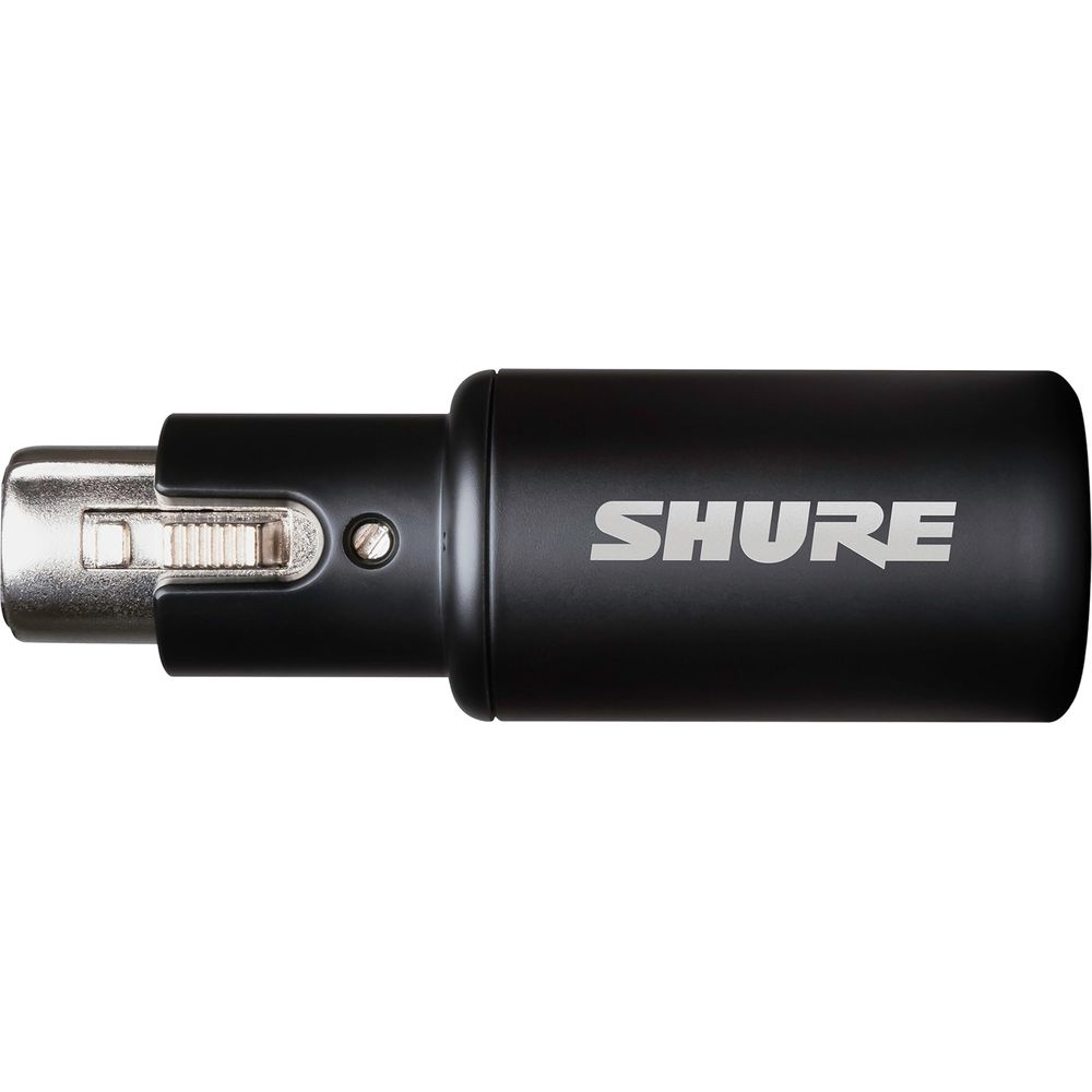 Czarny adapter Shure XLR ze srebrnym złączem i zatrzaskiem.