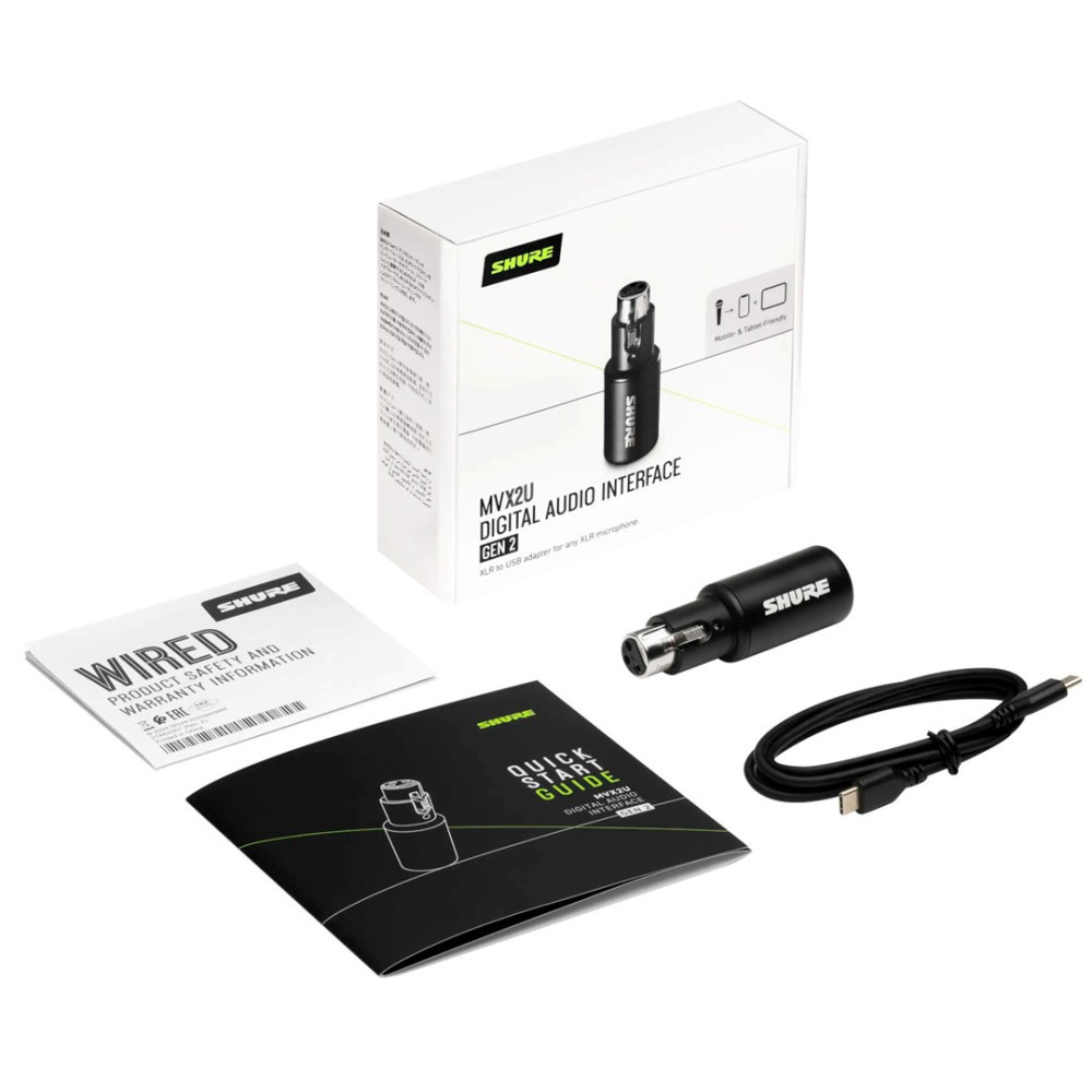 Cyfrowy interfejs audio Shure MVX2U z akcesoriami i instrukcją.