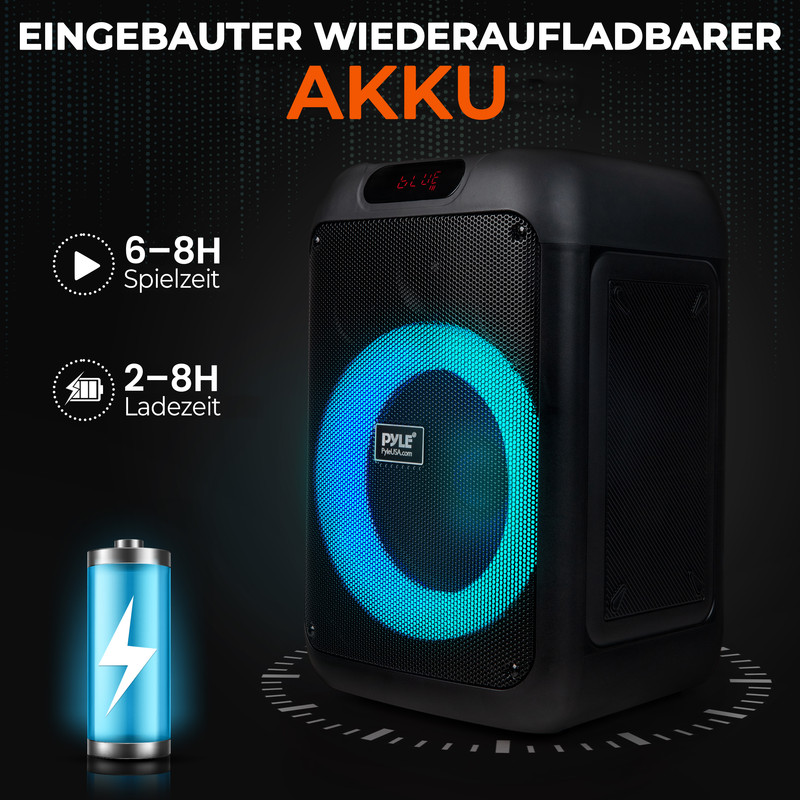 Schwarzer Lautsprecher mit blauem Lichtring. Akku-Symbole daneben.