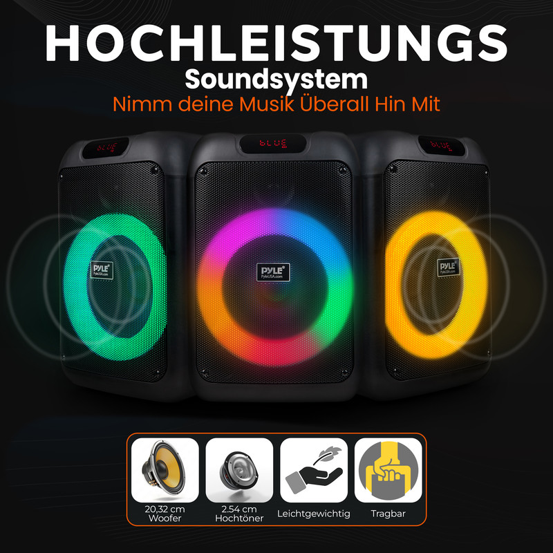 Drei schwarze Lautsprecher mit bunten Lichtringen. Unten sind Icons für Woofer, Hochtöner, Leichtgewicht und Tragbarkeit.