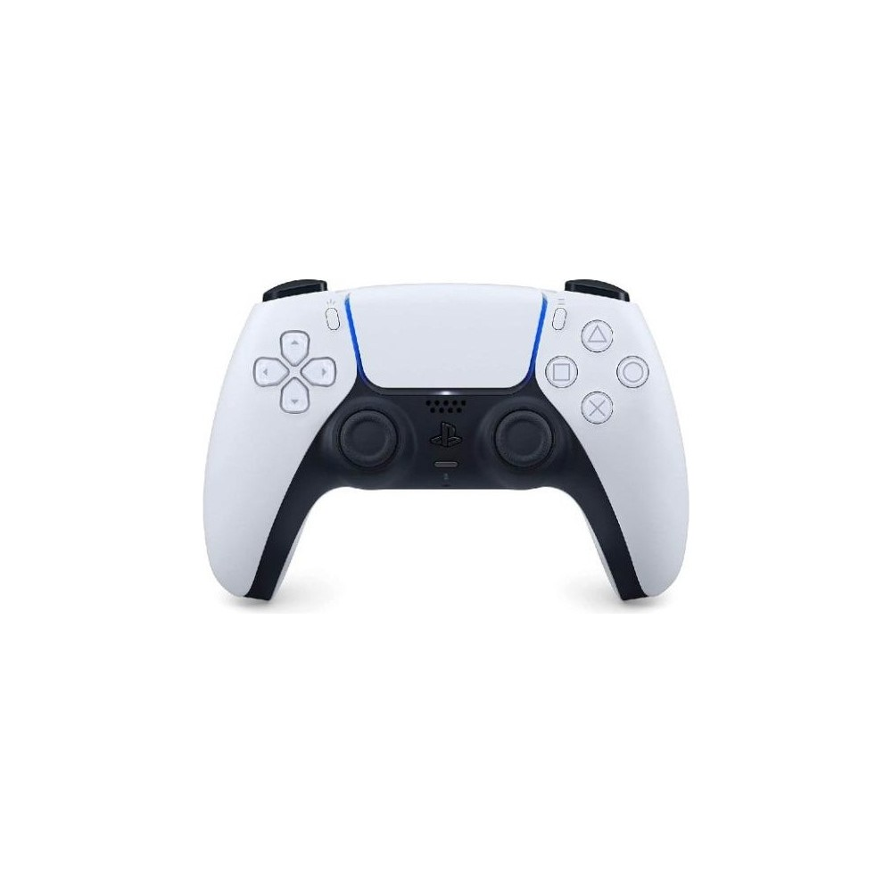 Beyaz arka planda beyaz ve siyah PlayStation 5 DualSense kontrolcü.