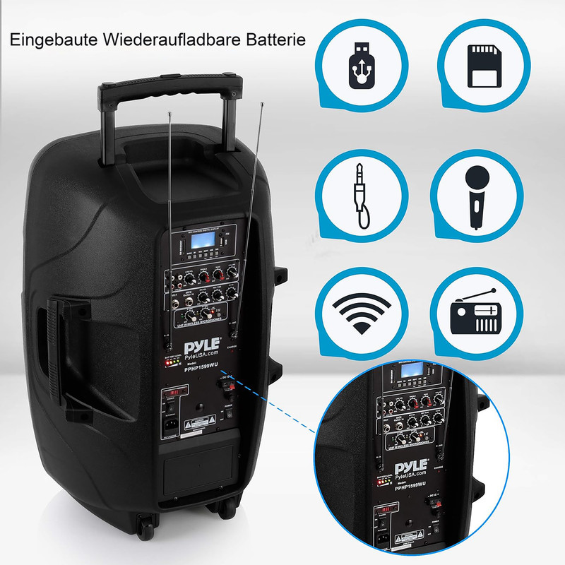 Schwarzer Lautsprecher mit Rädern, Griff und Symbolen für USB, SD, Klinke, Mikrofon, WLAN, Radio.