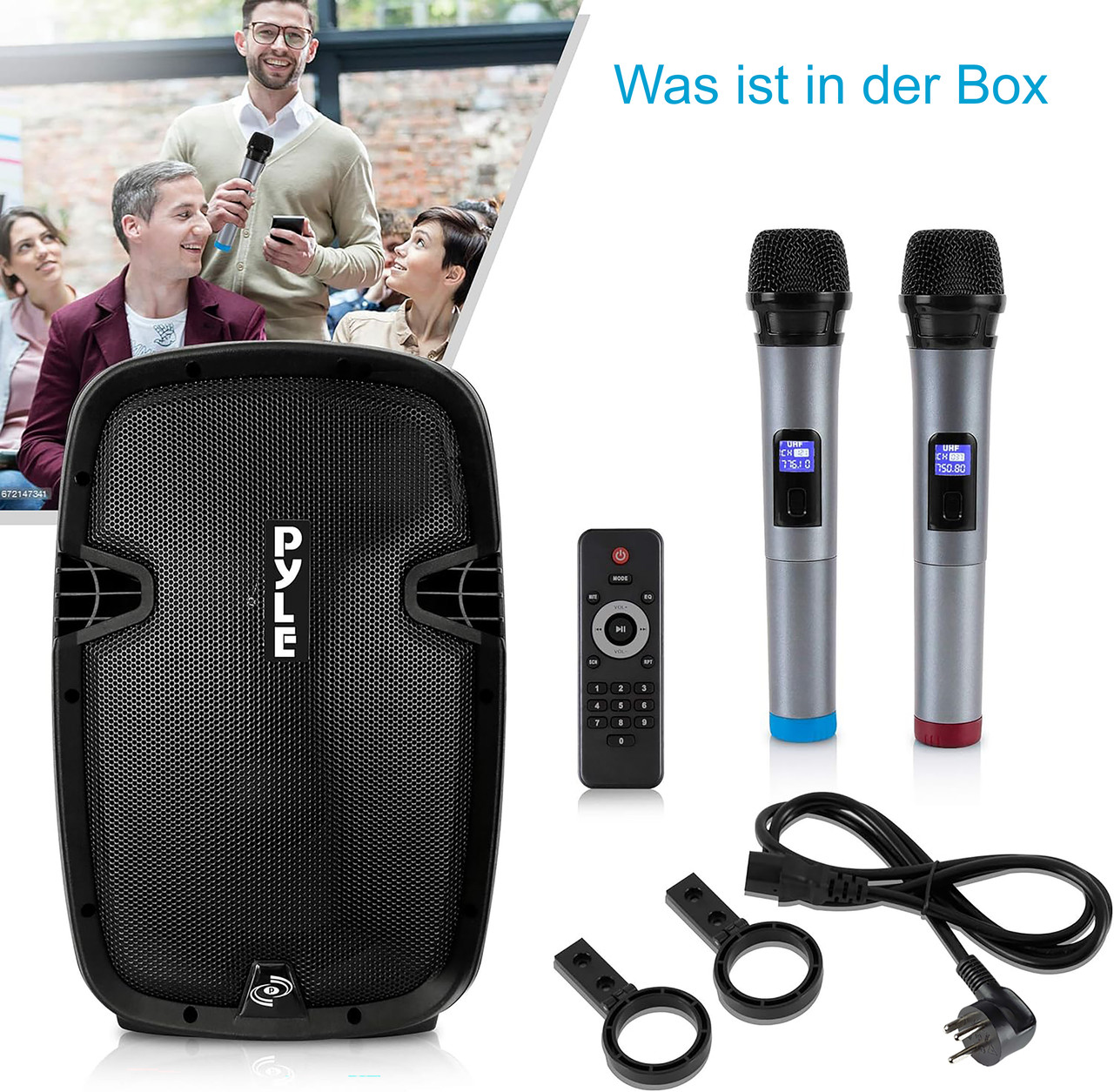 Schwarzer Lautsprecher, zwei Mikrofone, Fernbedienung, Kabel und Halterungen.