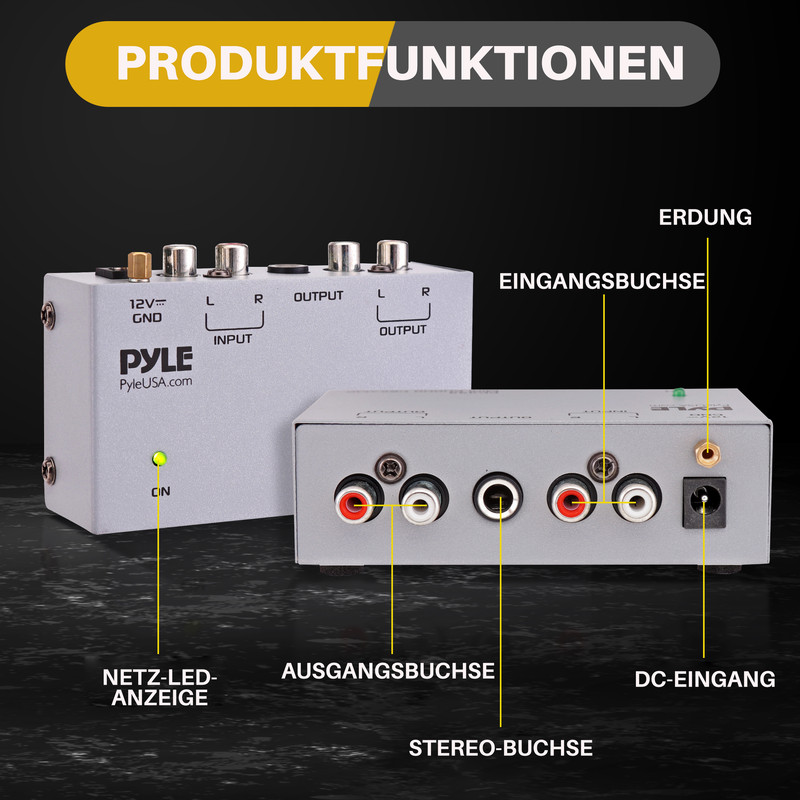 Graue Pyle Audio-Adapterbox mit Anschlüssen und Beschriftungen wie Eingang, Ausgang, Erdung, DC-Eingang.