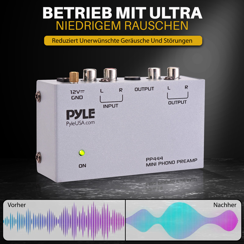 Ein silberner Mini Phono Preamp mit Anschlüssen und Anzeigen. Links zeigt es eine Rauschunterdrückung.