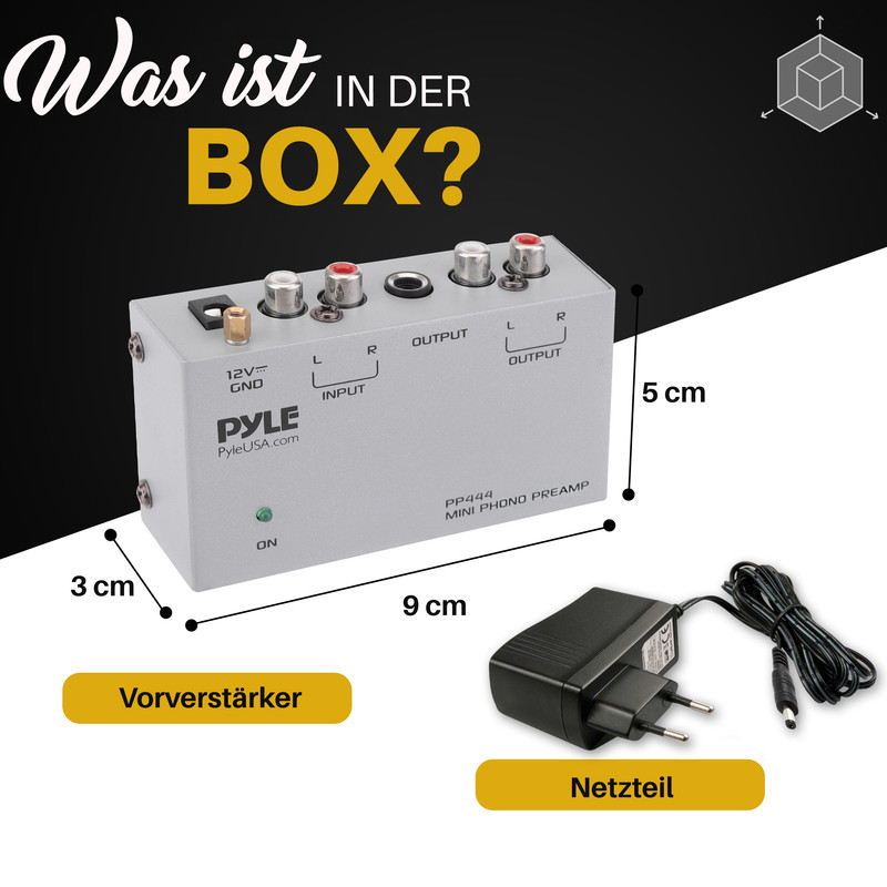 Ein silberner Phono-Vorverstärker mit Anschlüssen und Netzteil, Maße 9x5x3 cm.