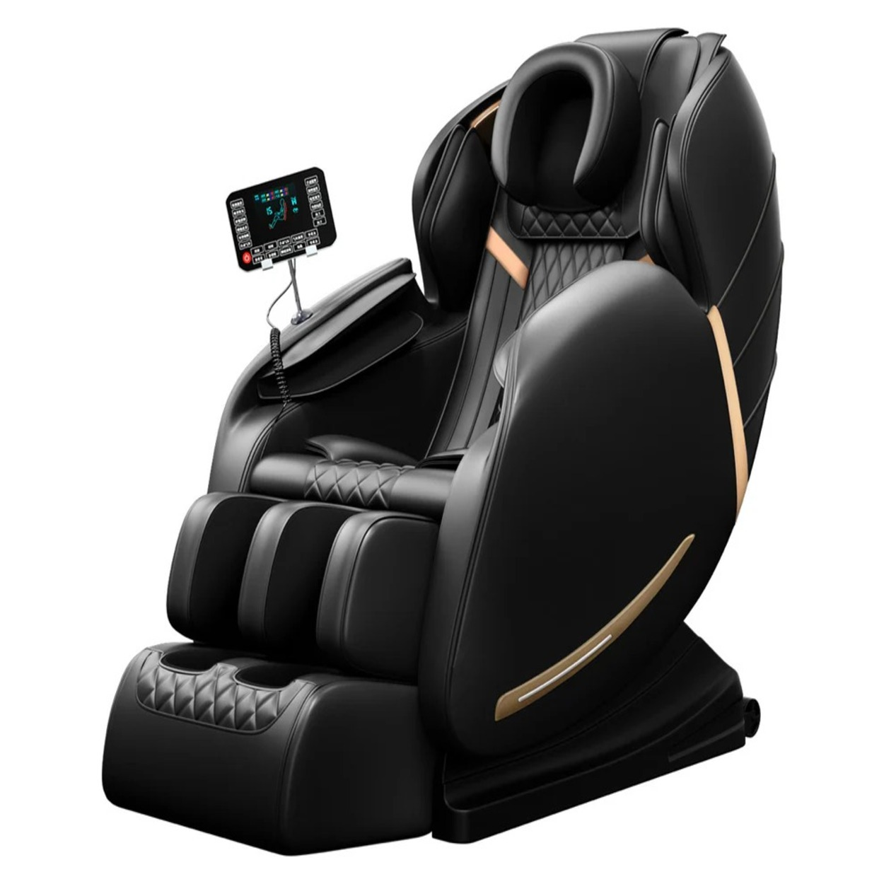 Zwarte massagestoel met gouden accenten en bedieningspaneel.