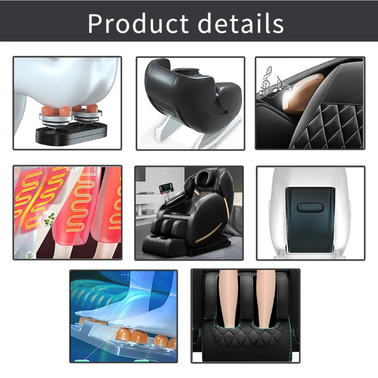 Productafbeeldingen tonen details massagestoel: rollers, zitting, speaker, verwarming, stoel, rug, voetmassage.