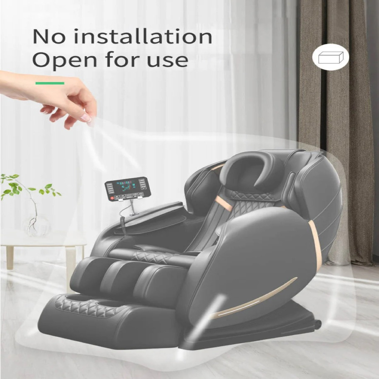 Een zwarte massagestoel met bedieningspaneel wordt getoond. Tekst: 'Geen installatie'.