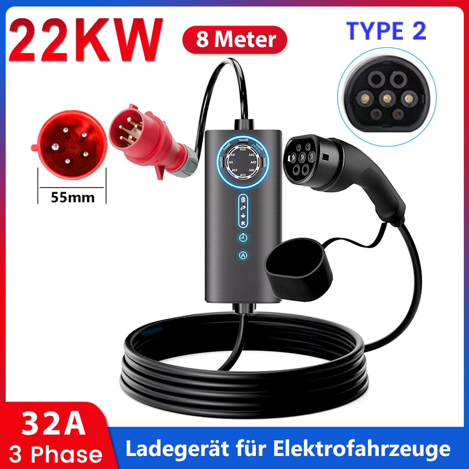 22KW 3-Phasen-Ladekabel mit Typ-2-Stecker und 8m Kabel.
