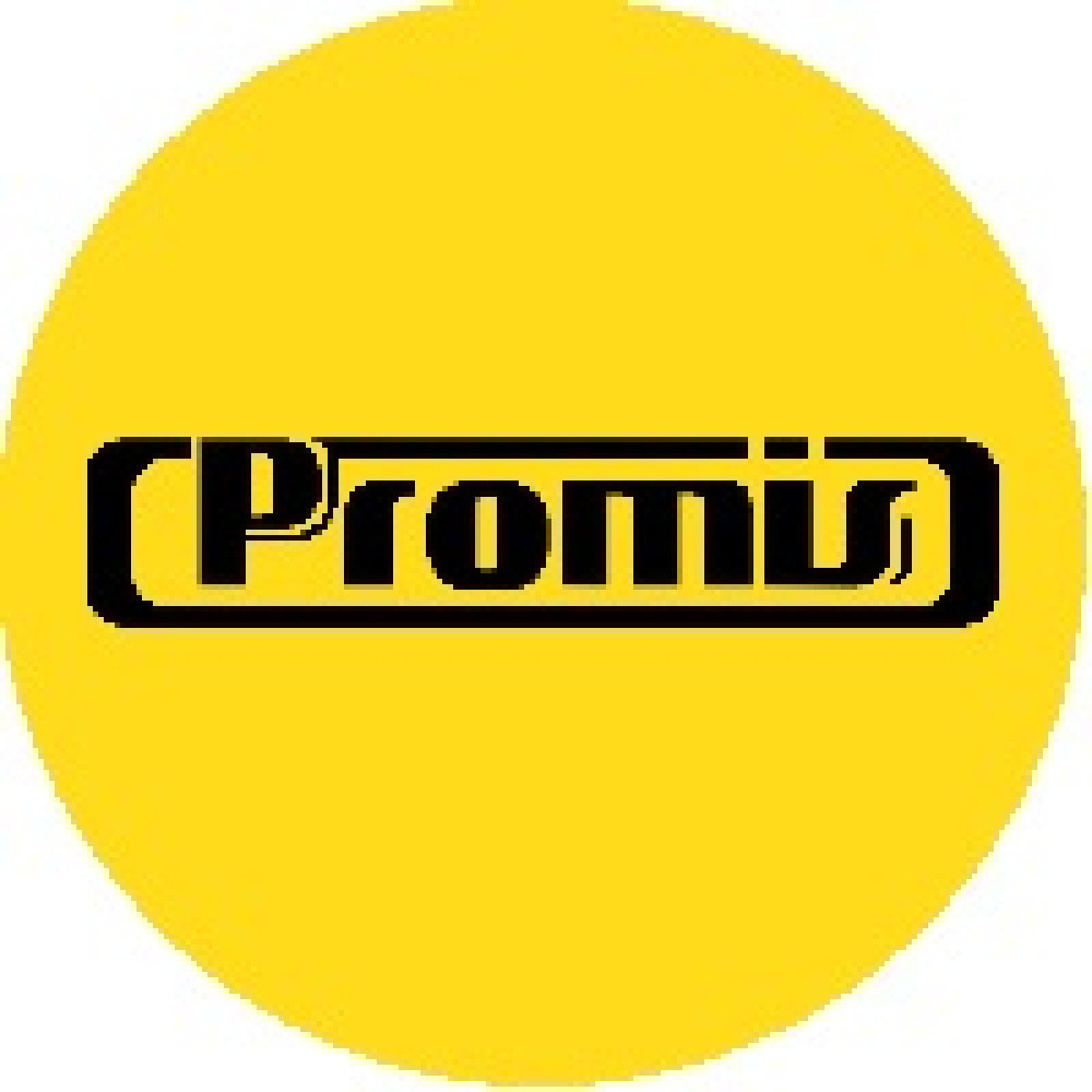 Żółte koło z czarnym napisem „Promis” w czarnym prostokącie.