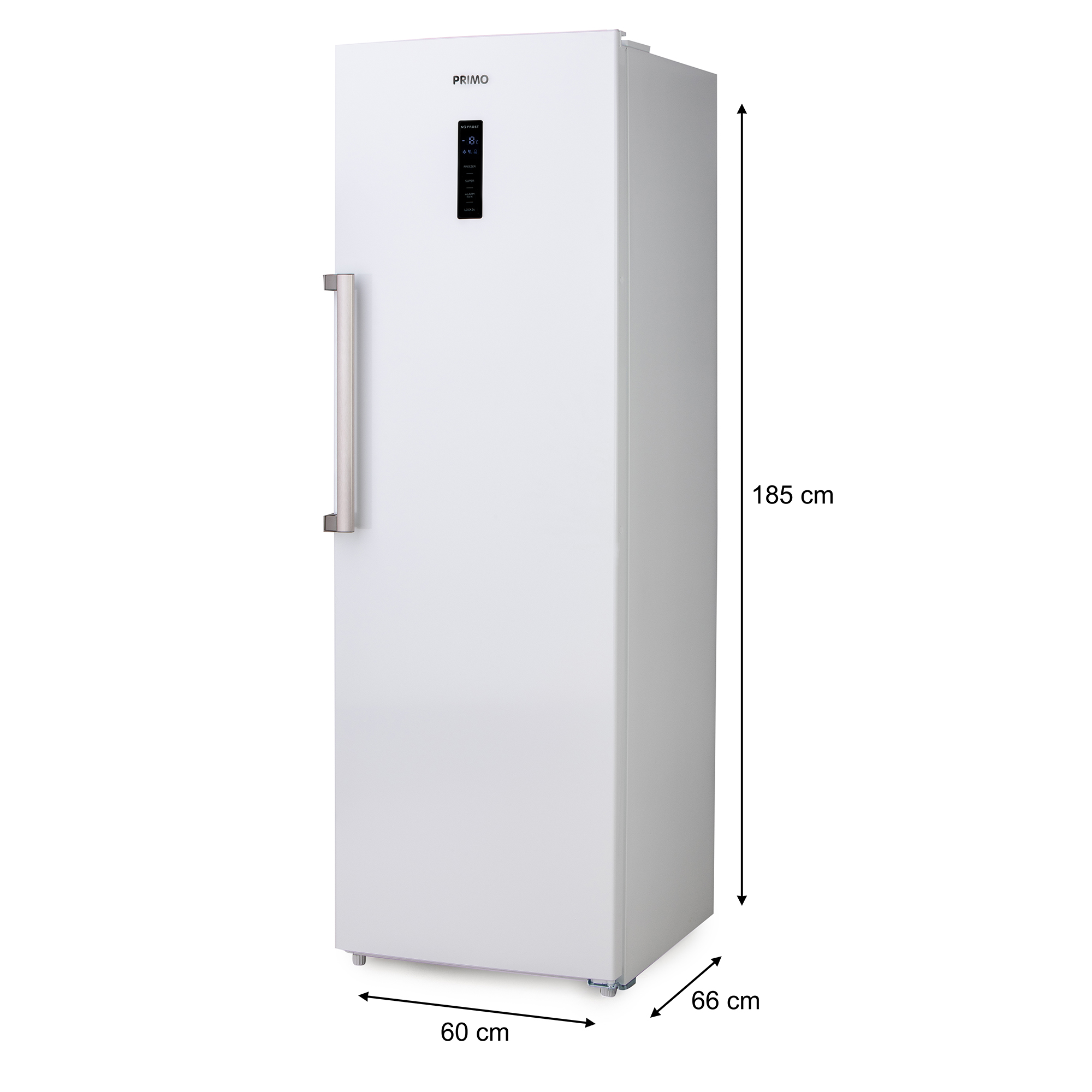 A white Primo freezer with a silver handle and display. Dimensions: 185x60x66cm.