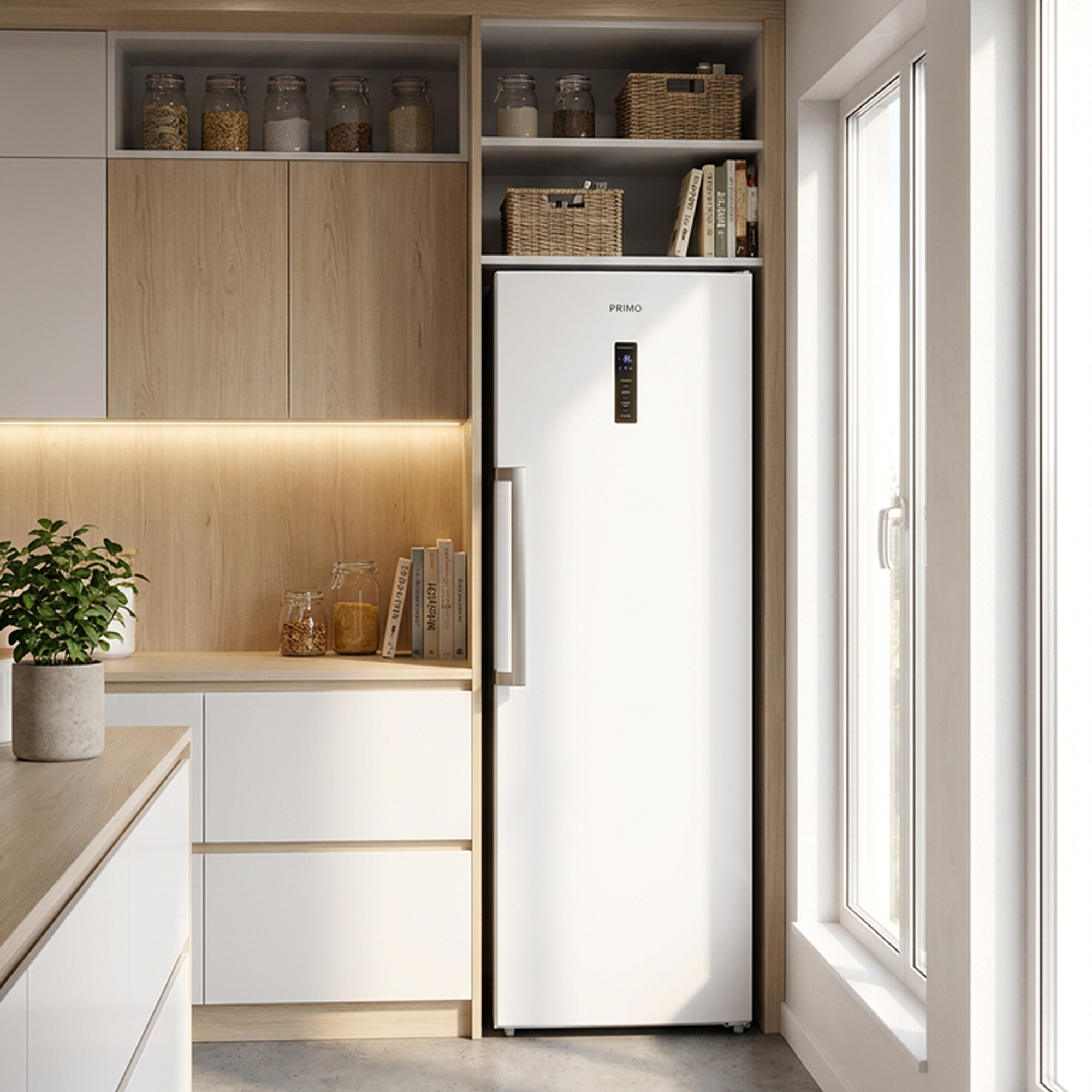 Modern kitchen with white fridge, wood cabinets, glass jars, and a window.