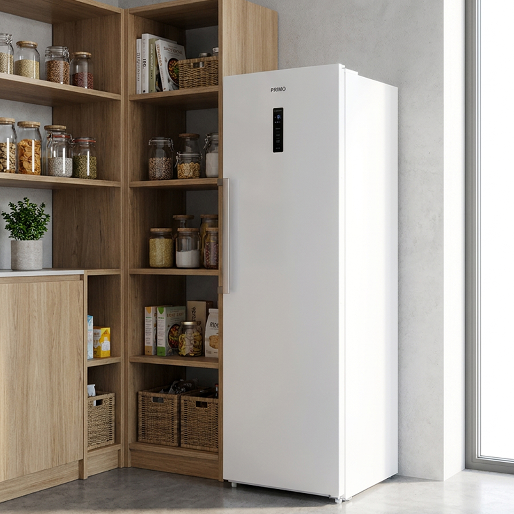 A white refrigerator stands next to a wooden shelf filled with food items.