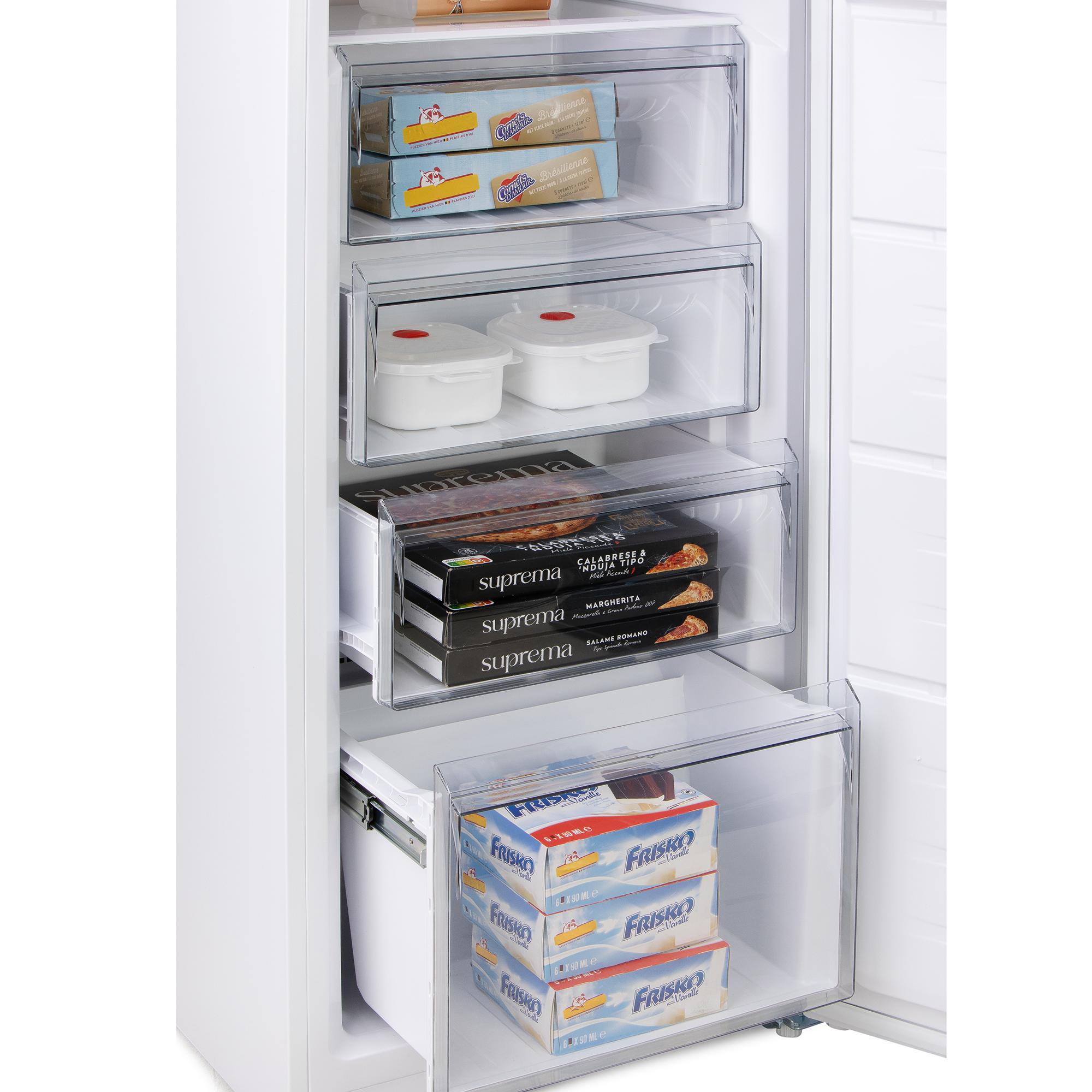 Freezer with ice cream, pizza, and containers.