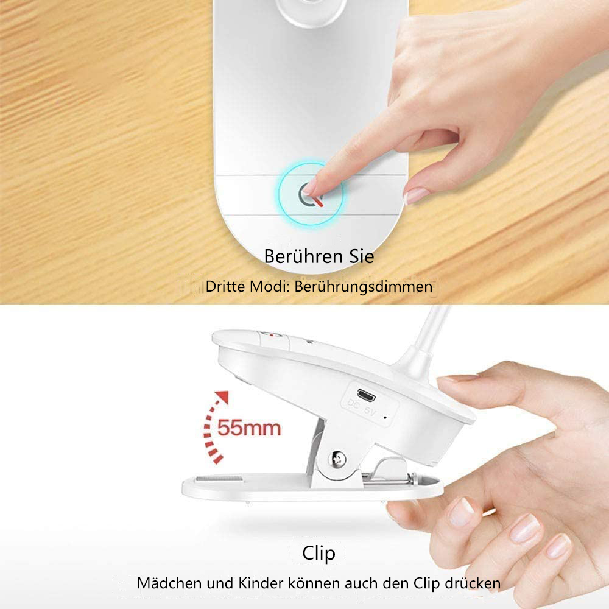 Eine Hand berührt einen Touchscreen. Ein Clip mit 55mm Öffnung ist zu sehen.