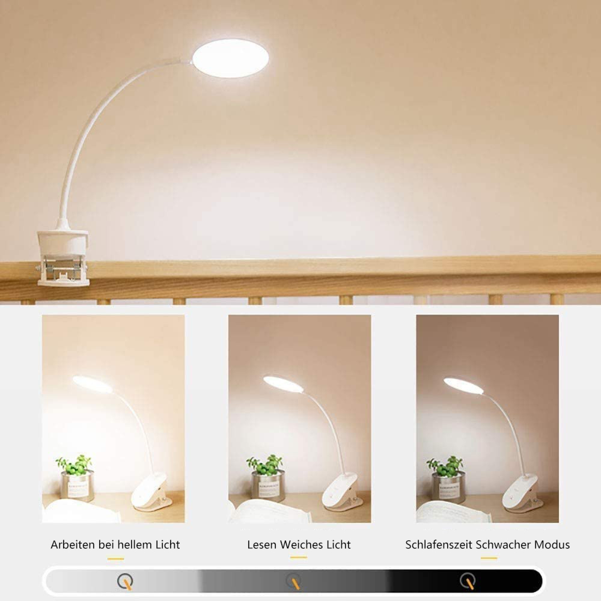 Eine weiße Klemmleuchte mit drei verschiedenen Lichtmodi auf einem Schreibtisch.
