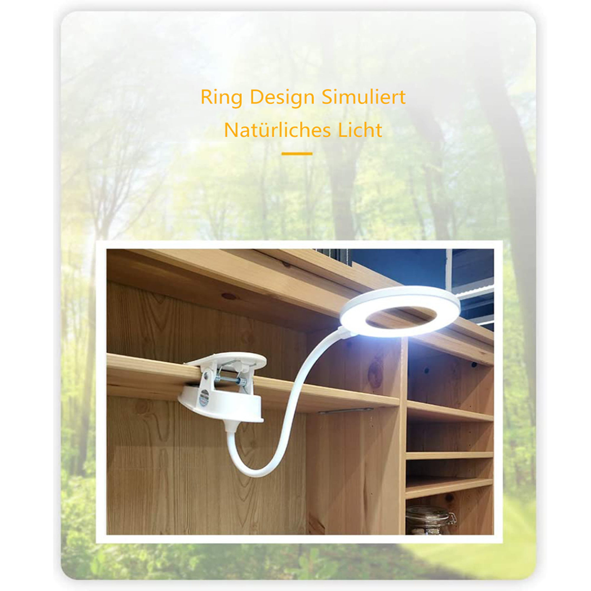Eine weiße Ringlampe ist an einem Holzregal befestigt, leuchtet hell.