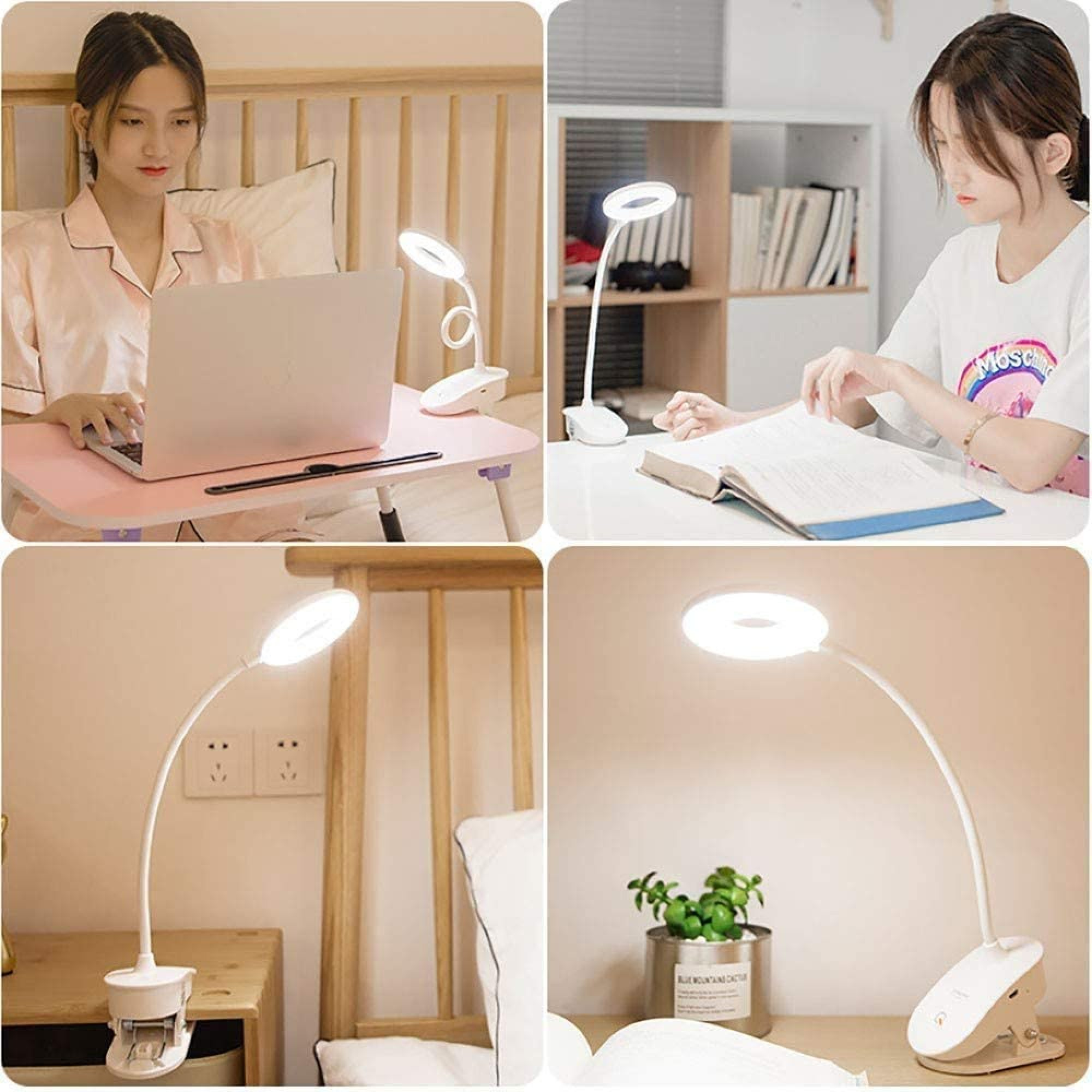Collage aus 4 Bildern: Frau lernt mit Laptop, Frau liest, Klemmleuchte auf Schreibtisch, Lampe mit Pflanze.