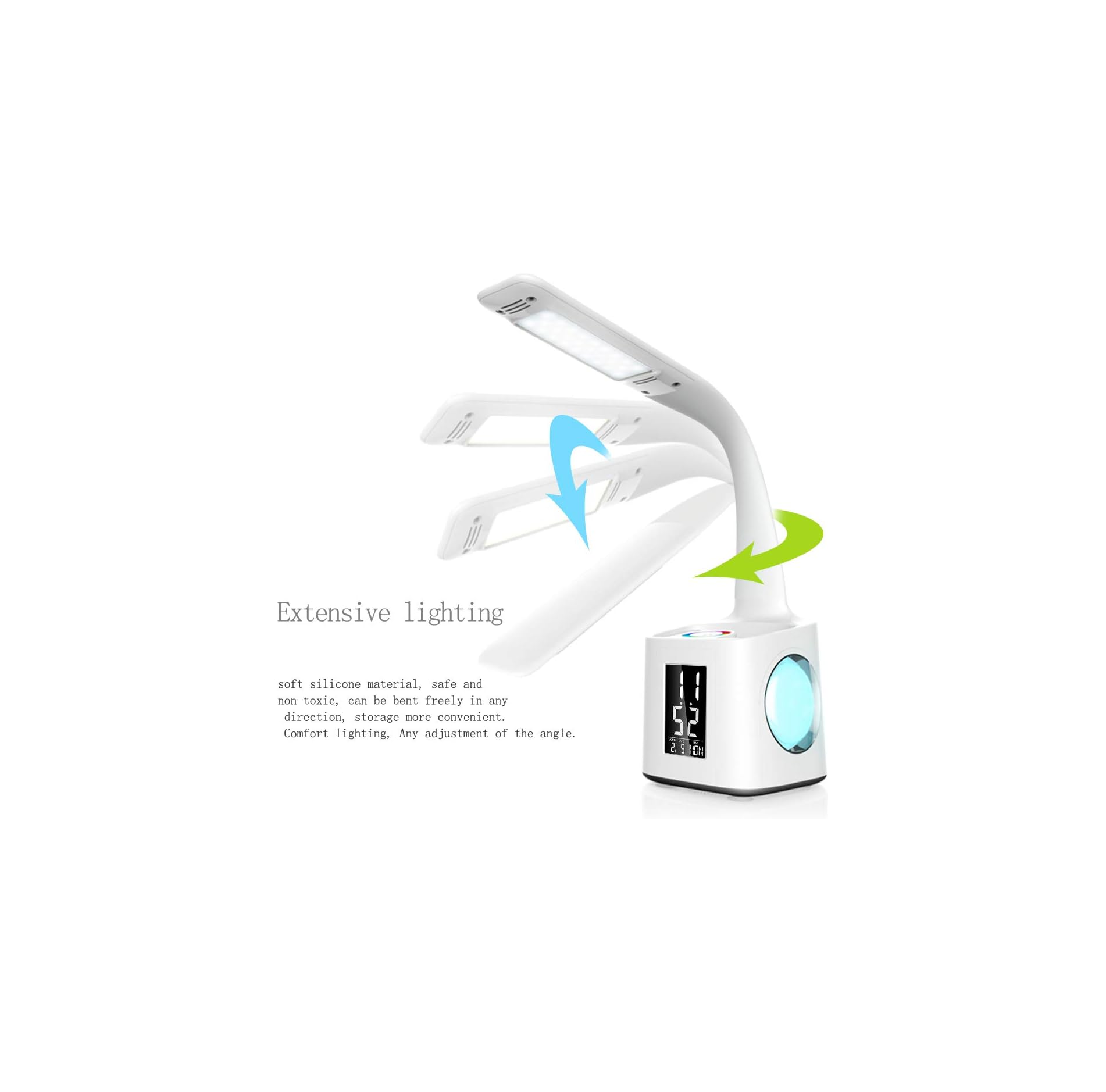 Eine weiße Lampe mit flexiblen Arm und digitalem Display zeigt Zeit und Datum.