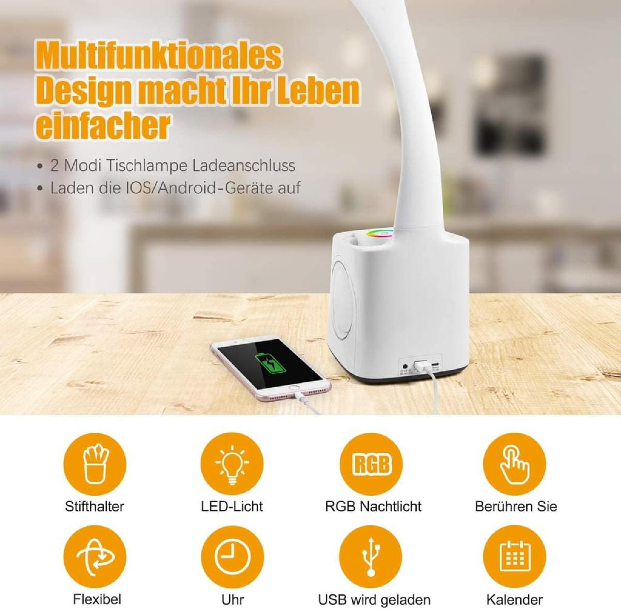 Weiße multifunktionale Schreibtischlampe lädt ein Smartphone auf, mit Symbolen für Funktionen.