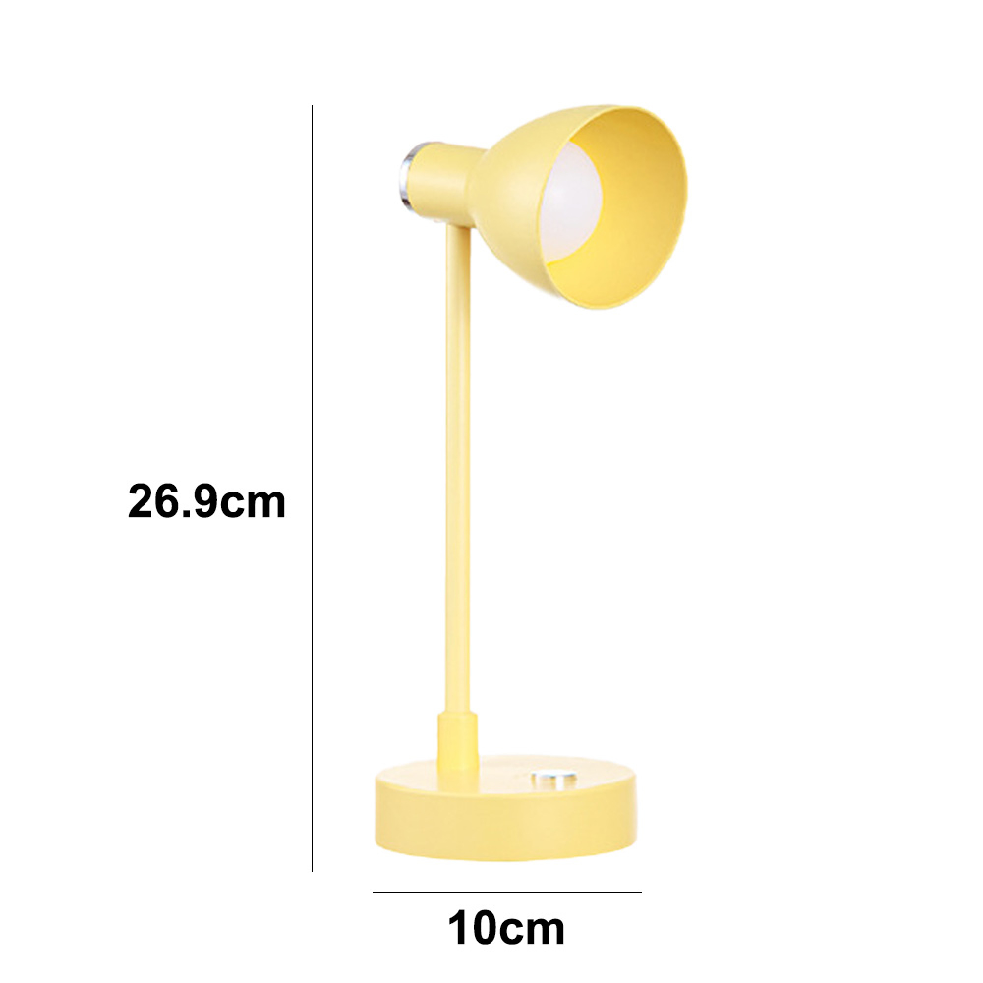 Gelbe Schreibtischlampe mit verstellbarem Arm und Lampenschirm auf rundem Sockel.