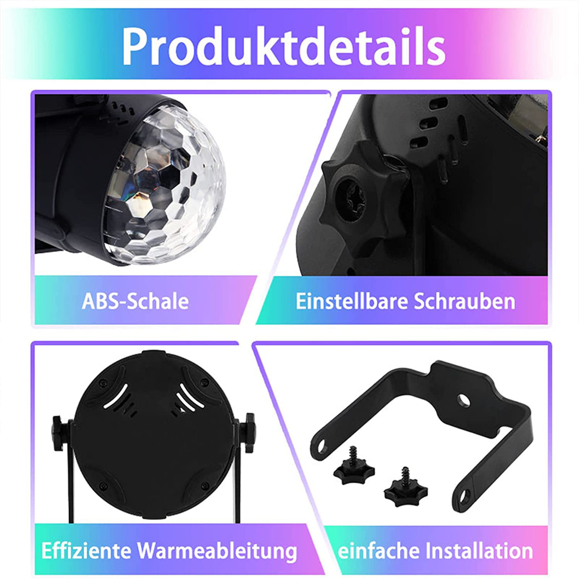 Produktbild zeigt vier Details: Kugel, Schrauben, Lüftung und Halterung.