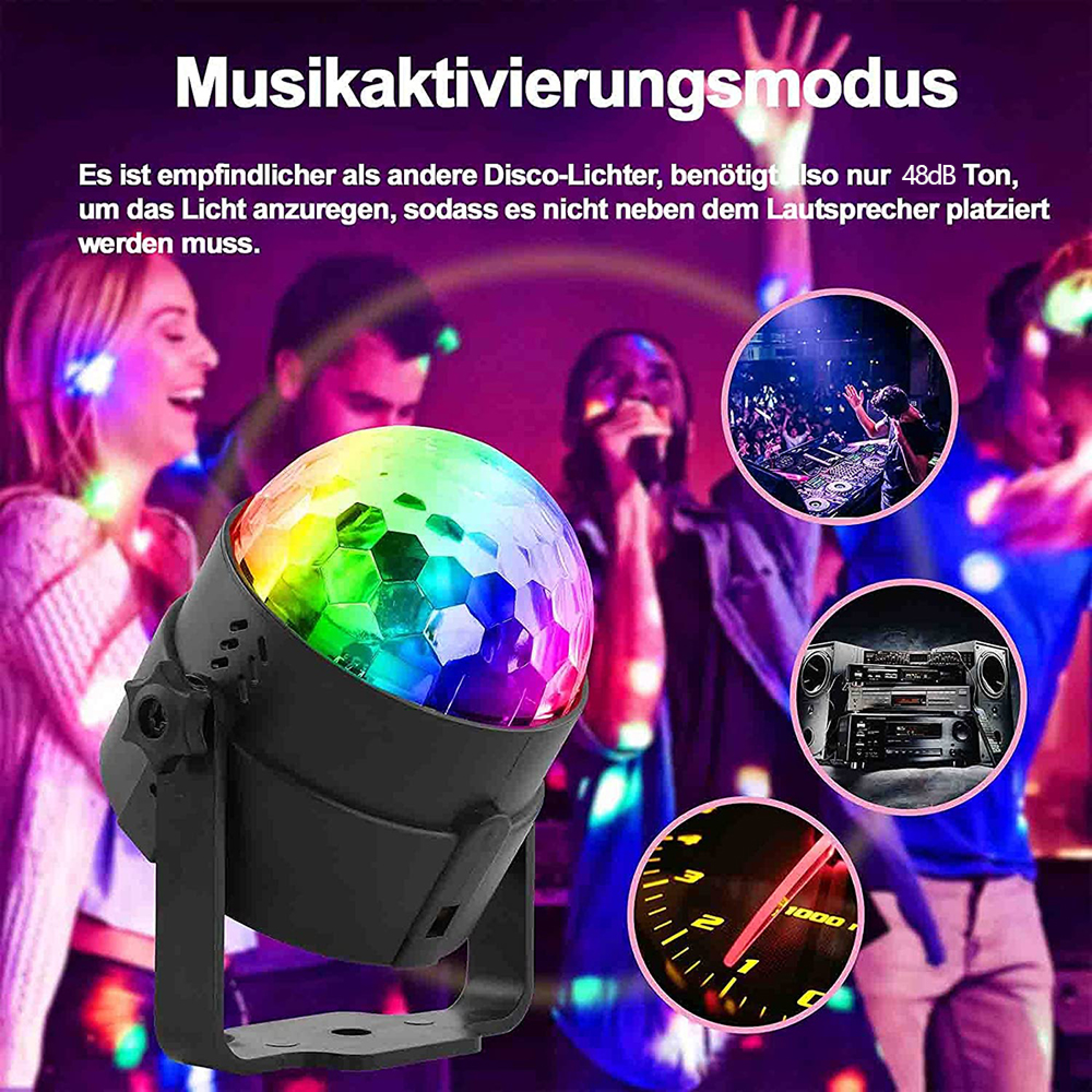 Bunte Discokugel mit Menschen im Hintergrund, DJ-Set und Anlage.