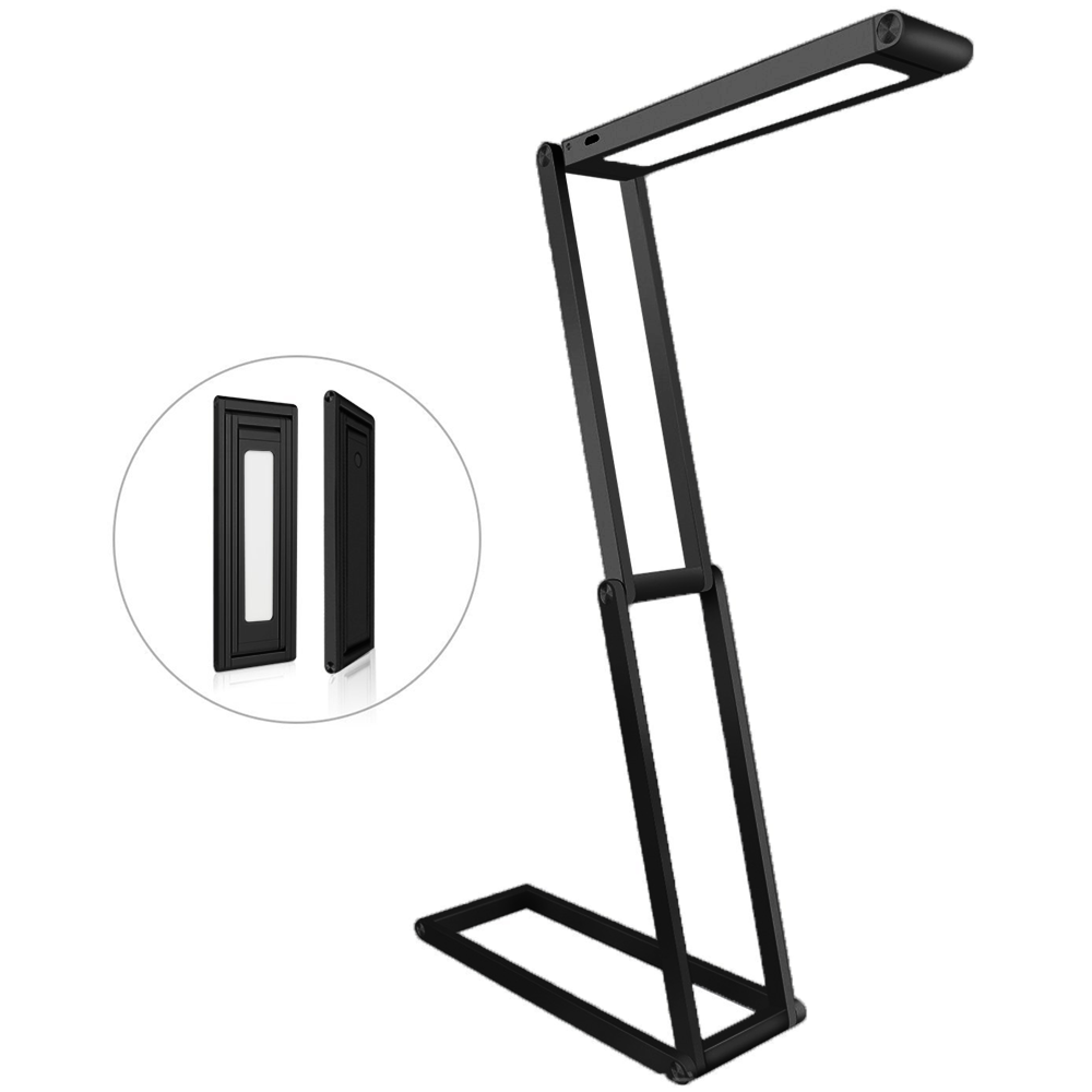 Eine schwarze, moderne Schreibtischlampe mit Gelenkarm und rechteckigem Sockel.