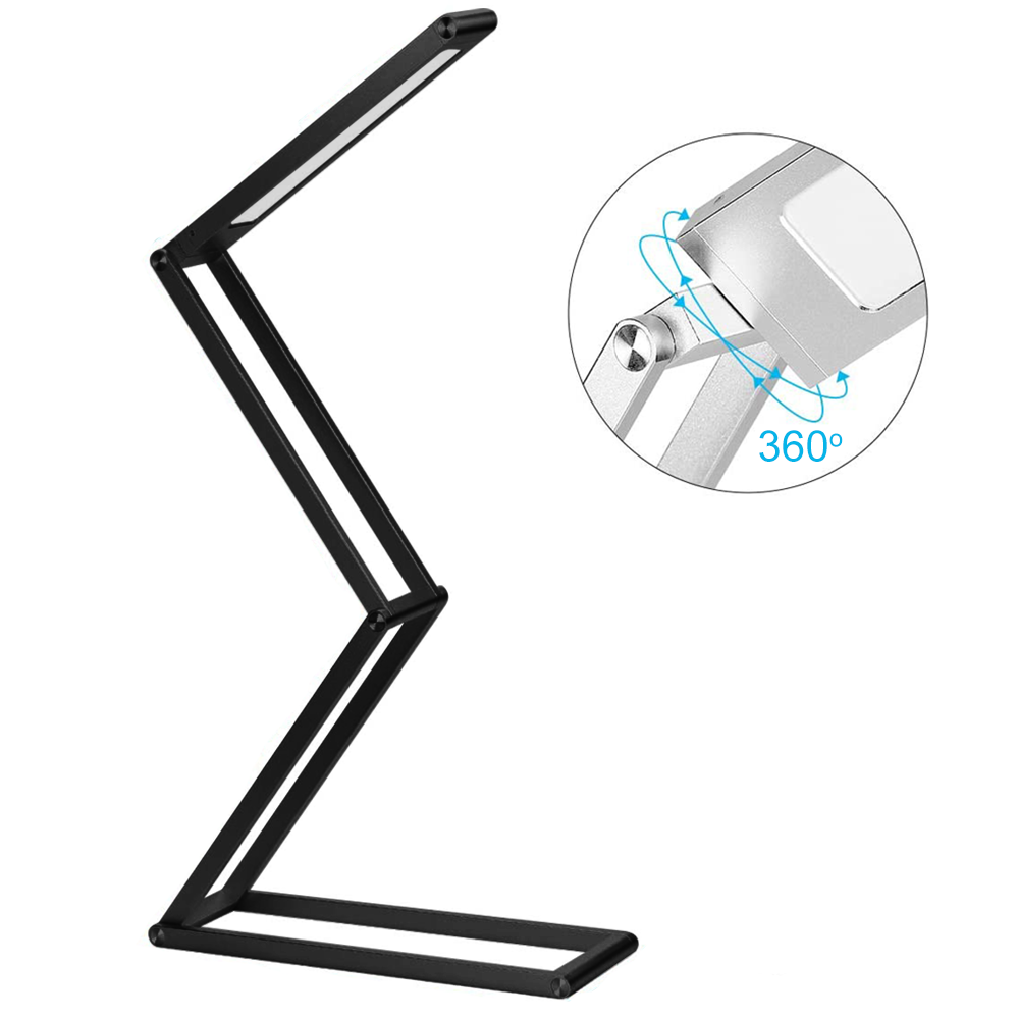 Schwarze Falt-Schreibtischlampe mit LED und 360-Grad-Drehgelenk.
