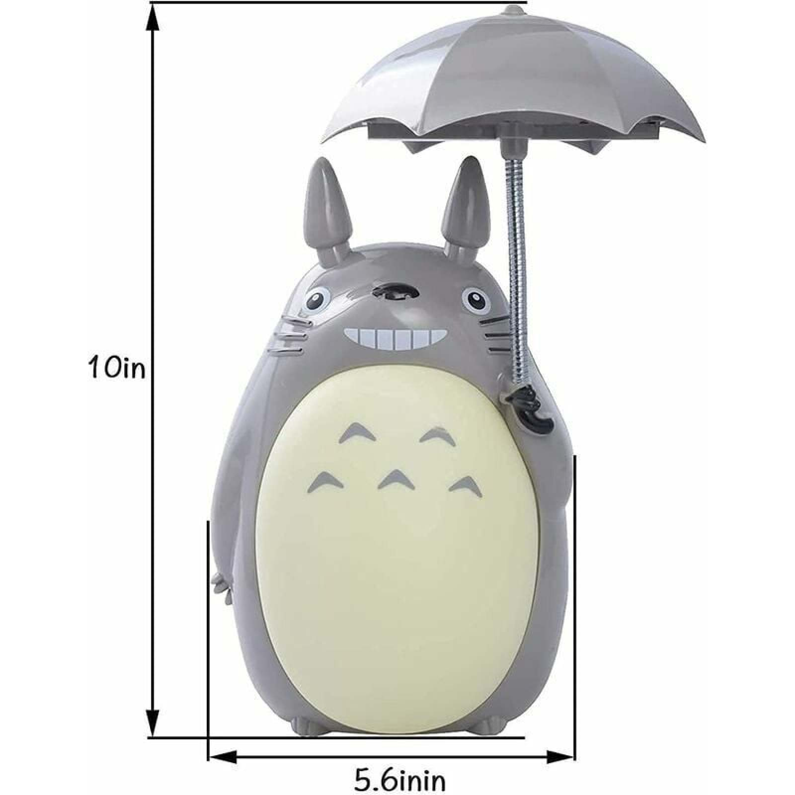 Graue Totoro-Figur mit grauem Regenschirm, Maße 25,4 cm Höhe, 14,2 cm Breite.