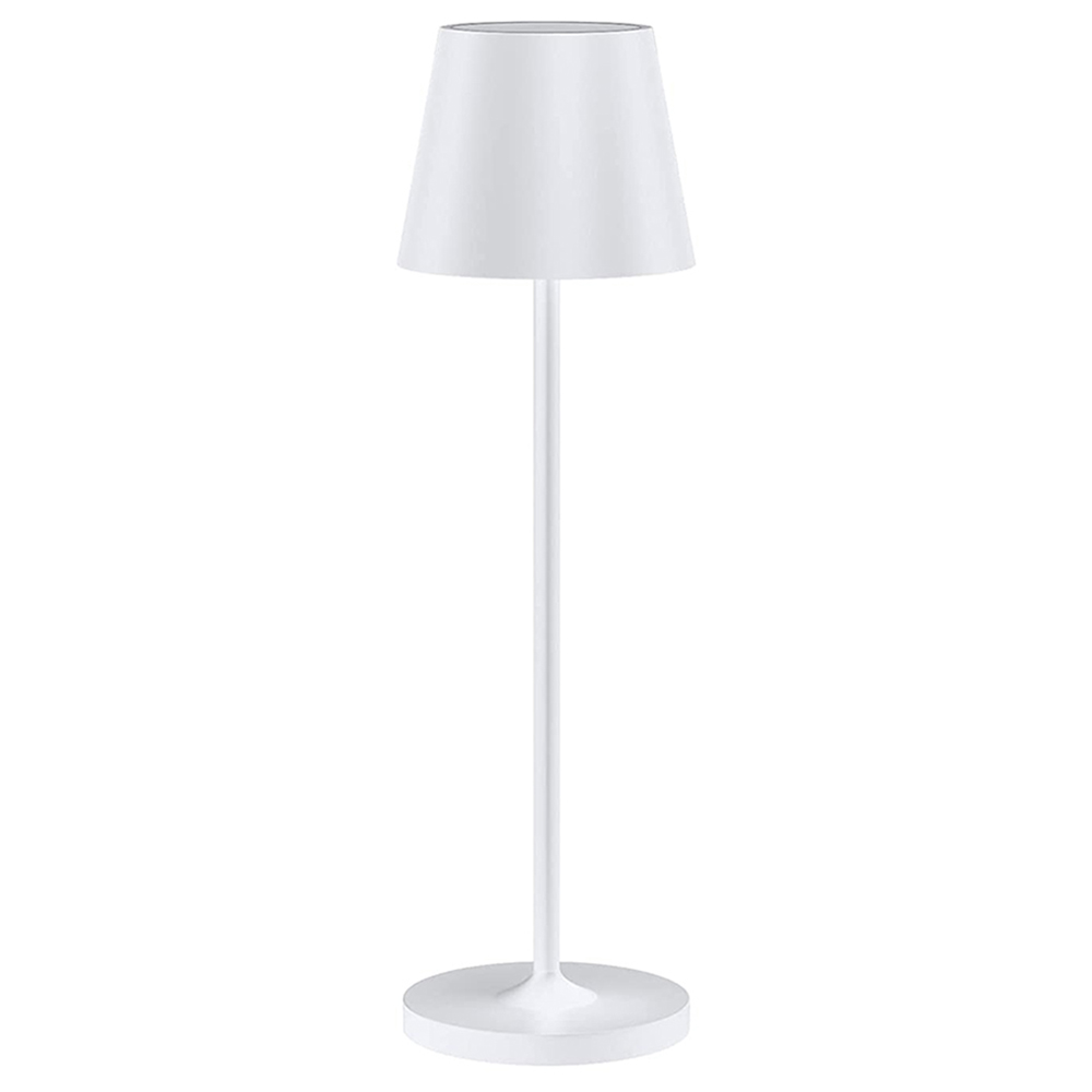 Eine weiße Stehlampe mit einem kegelförmigen Schirm und einem runden Fuß.