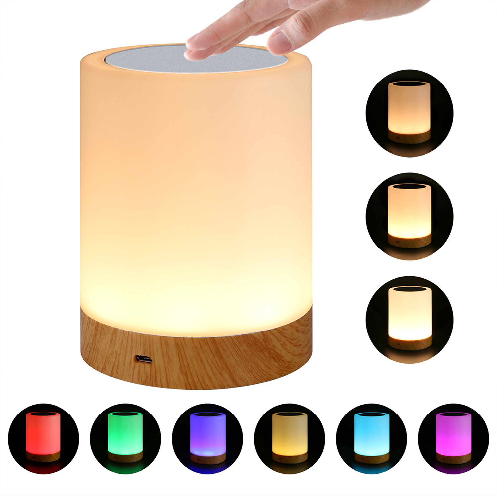 Eine Hand berührt eine zylindrische Lampe mit Holzsockel, die in verschiedenen Farben leuchtet.
