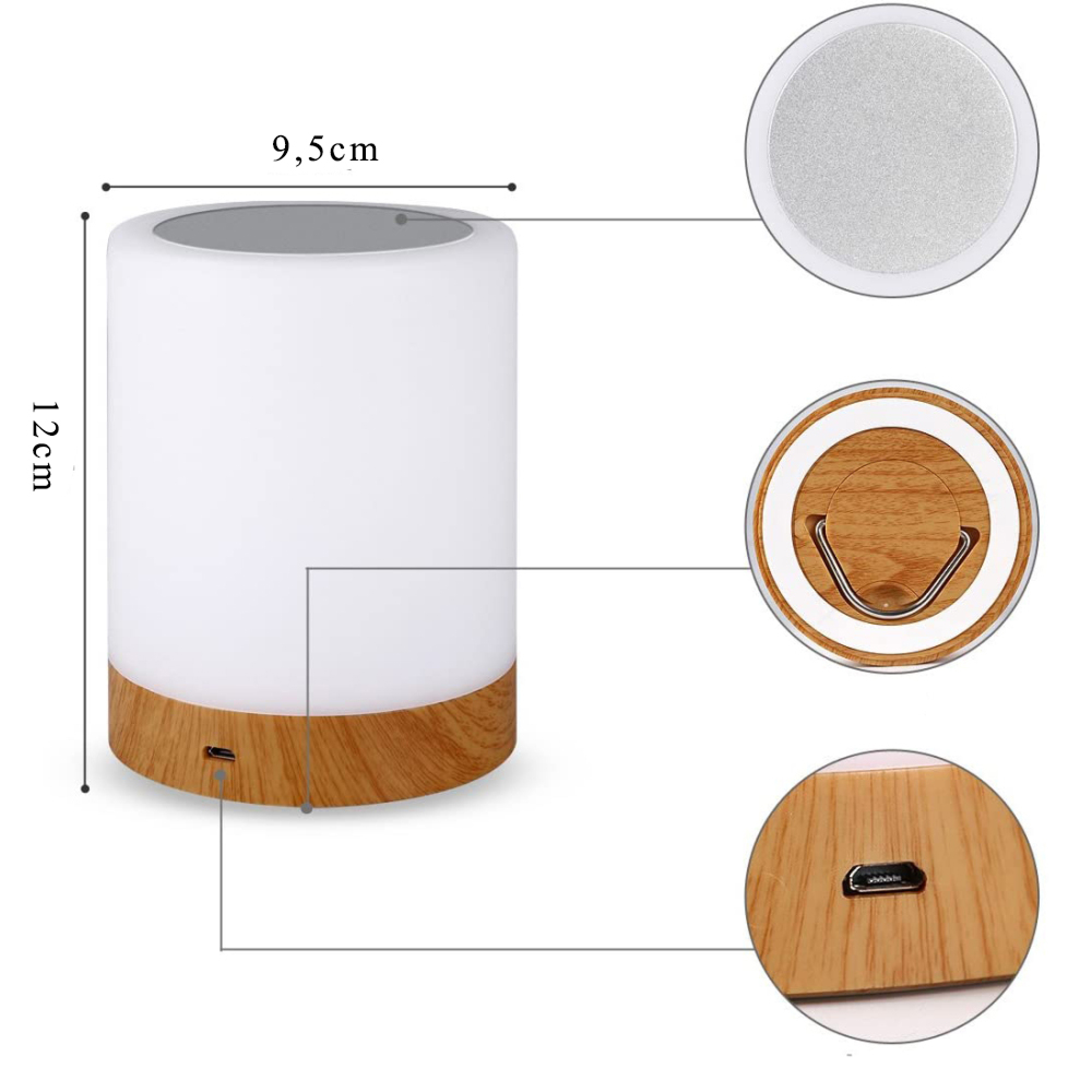 Weiße Nachttischlampe mit Holzbasis, 9,5cm x 12cm, mit USB-Anschluss.