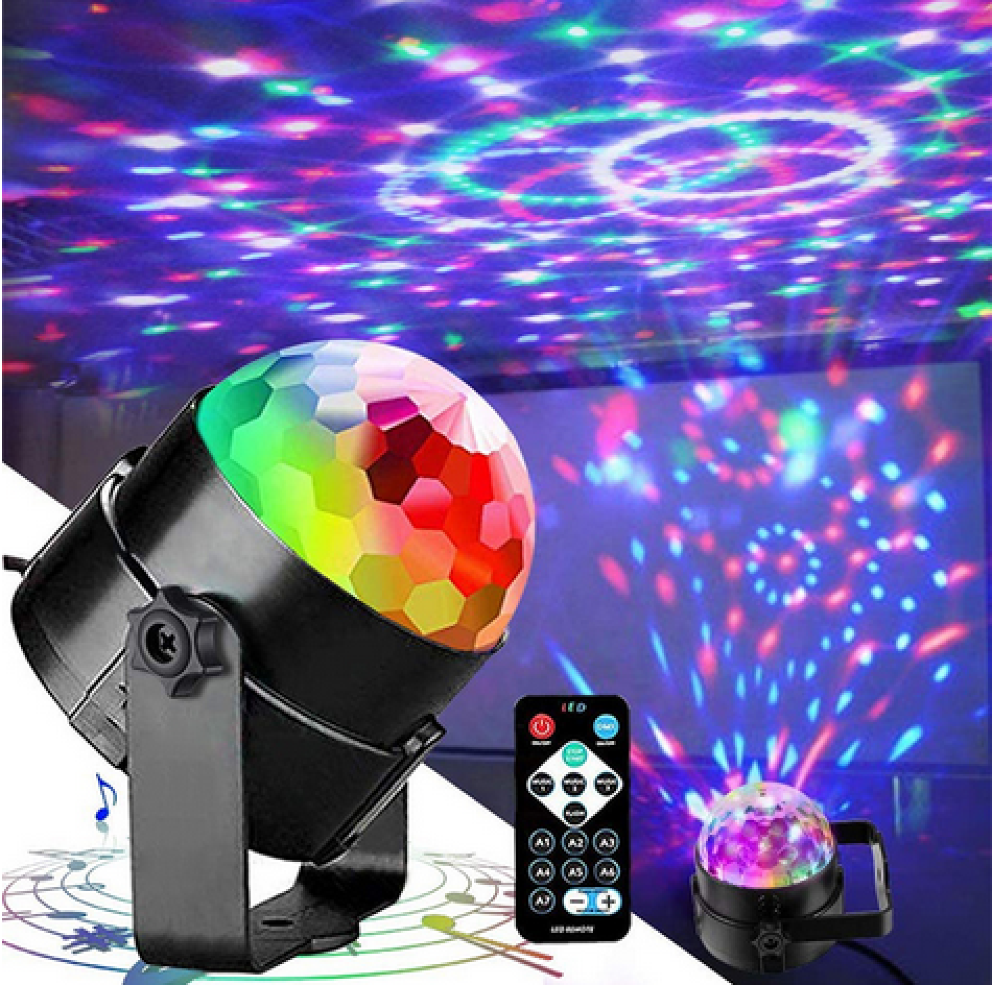 Eine Discokugel wirft bunte Muster an die Decke. Eine Fernbedienung ist in der Nähe.