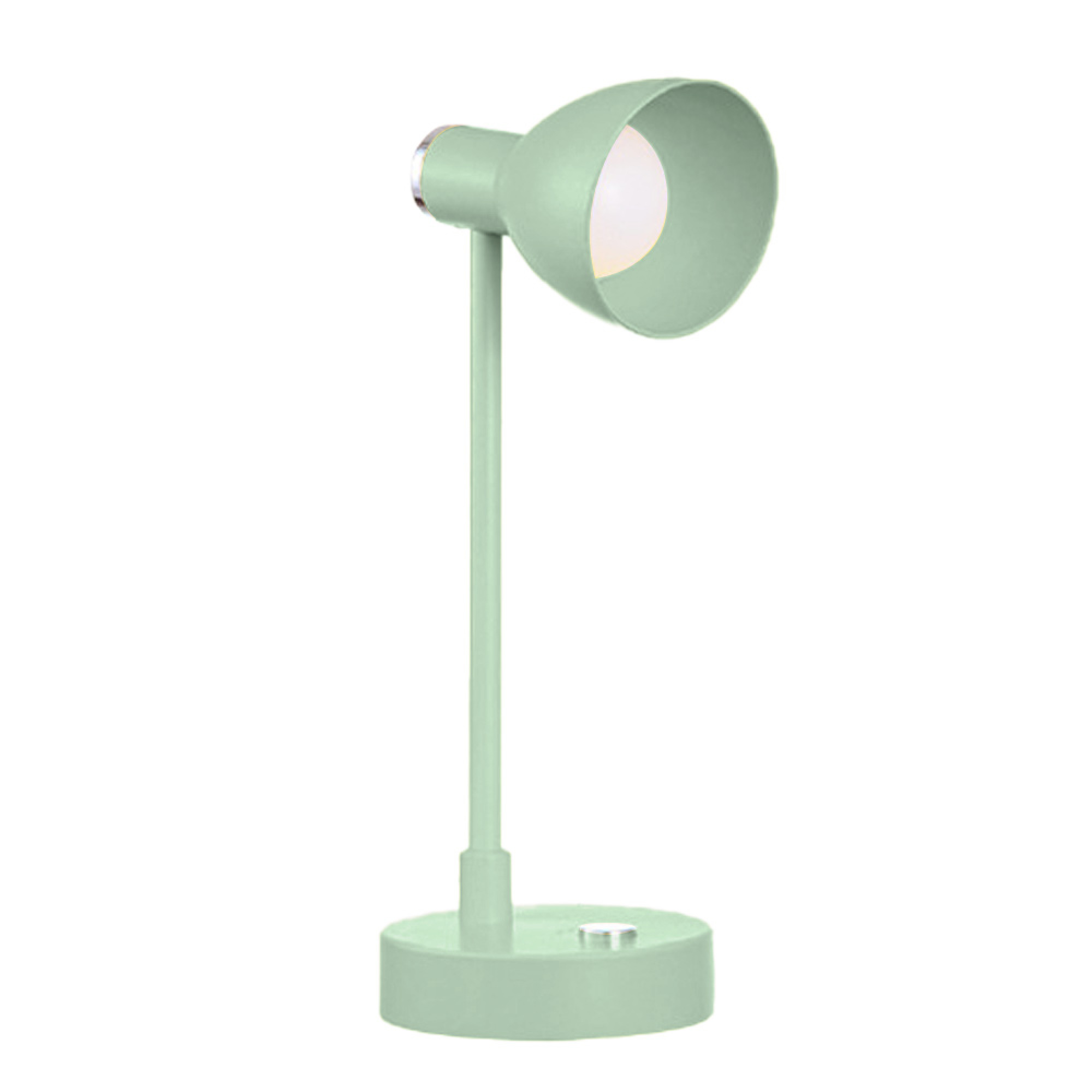 Eine hellgrüne Schreibtischlampe mit rundem Sockel und schwenkbarem Lampenschirm.