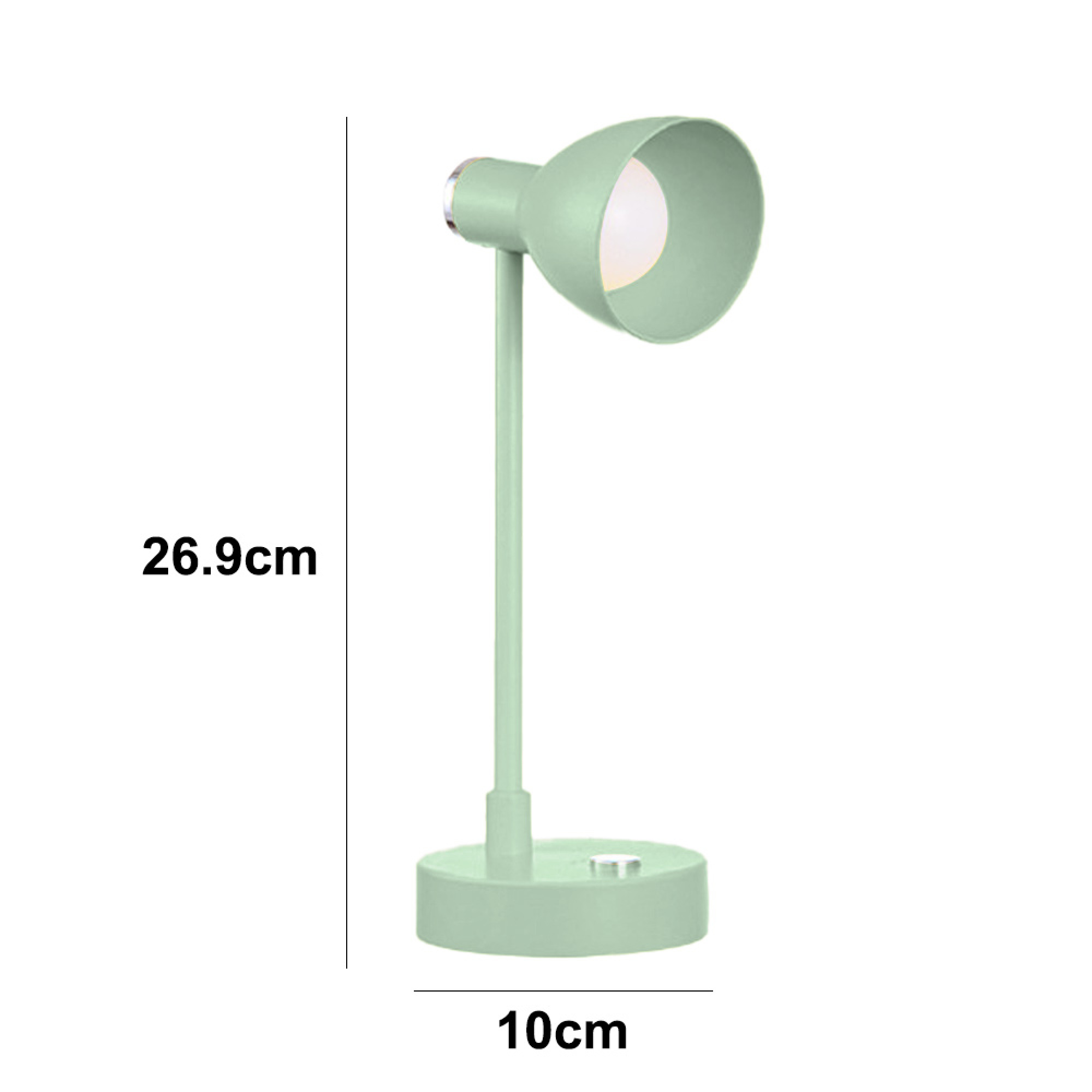 Eine hellgrüne Schreibtischlampe mit rundem Fuß und verstellbarem Lampenschirm.