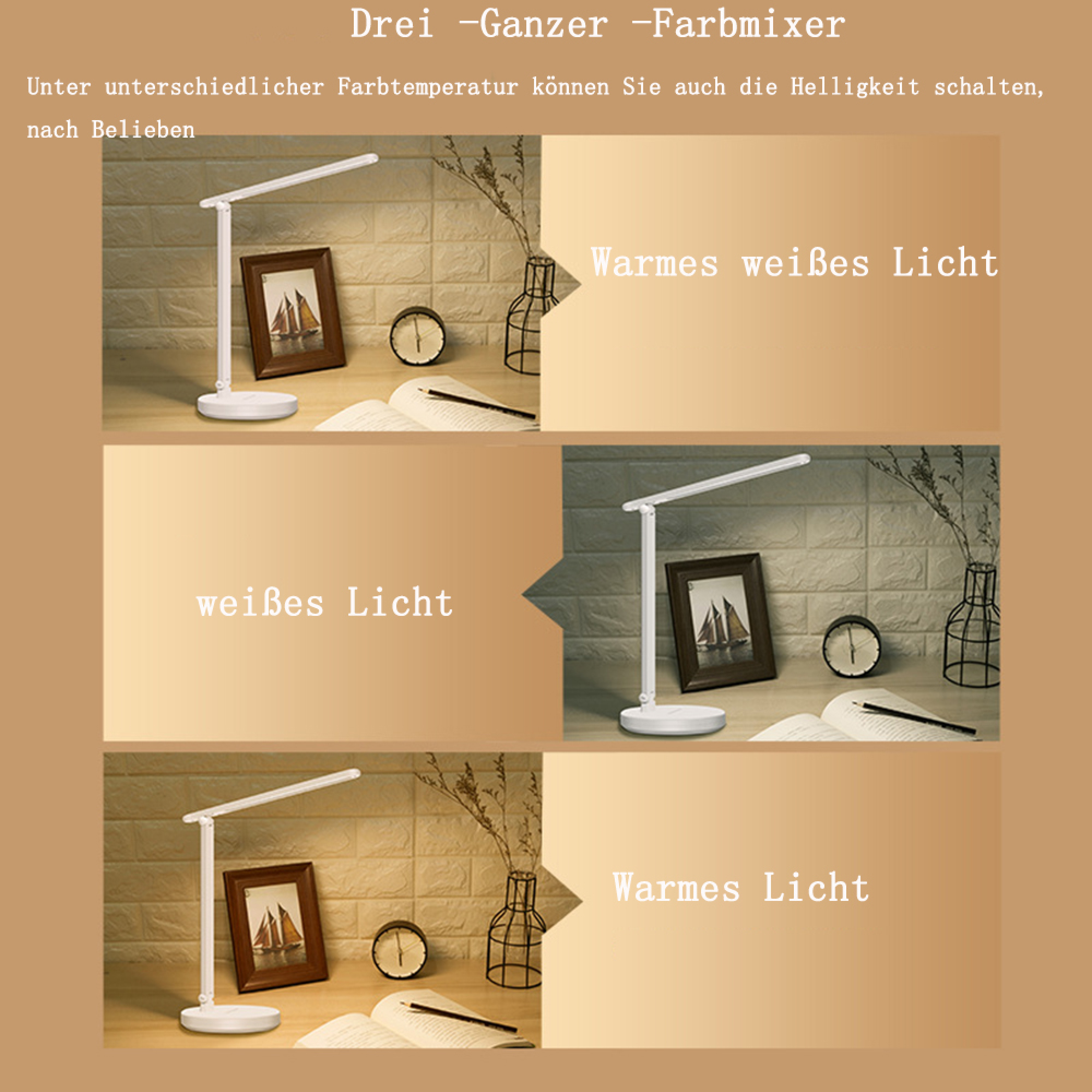 Ein Schreibtisch mit Lampe in drei Lichtmodi: warmweiß, weiß und warm.