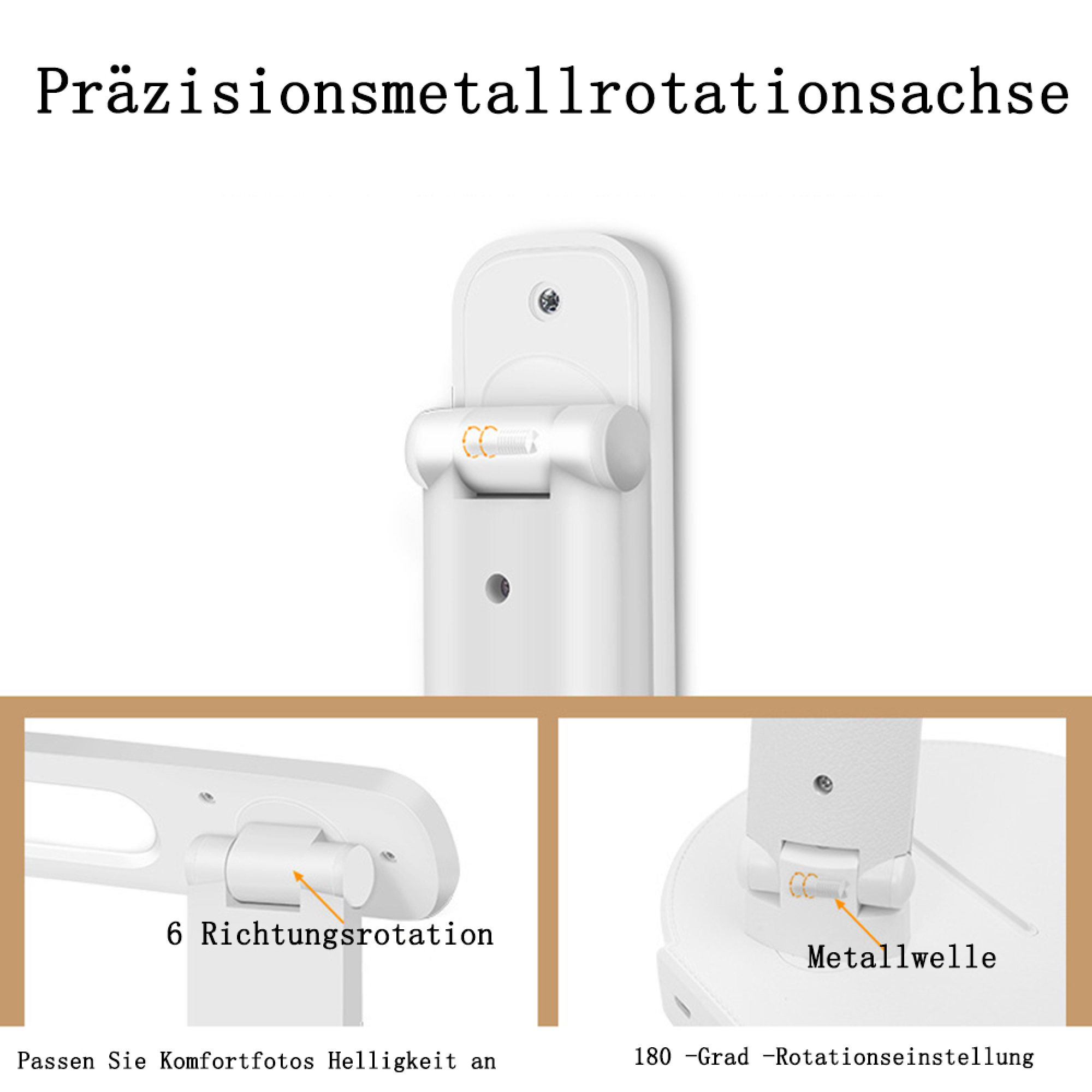 Weiße Lampe mit Detailbildern von Drehgelenken und Beschriftungen.