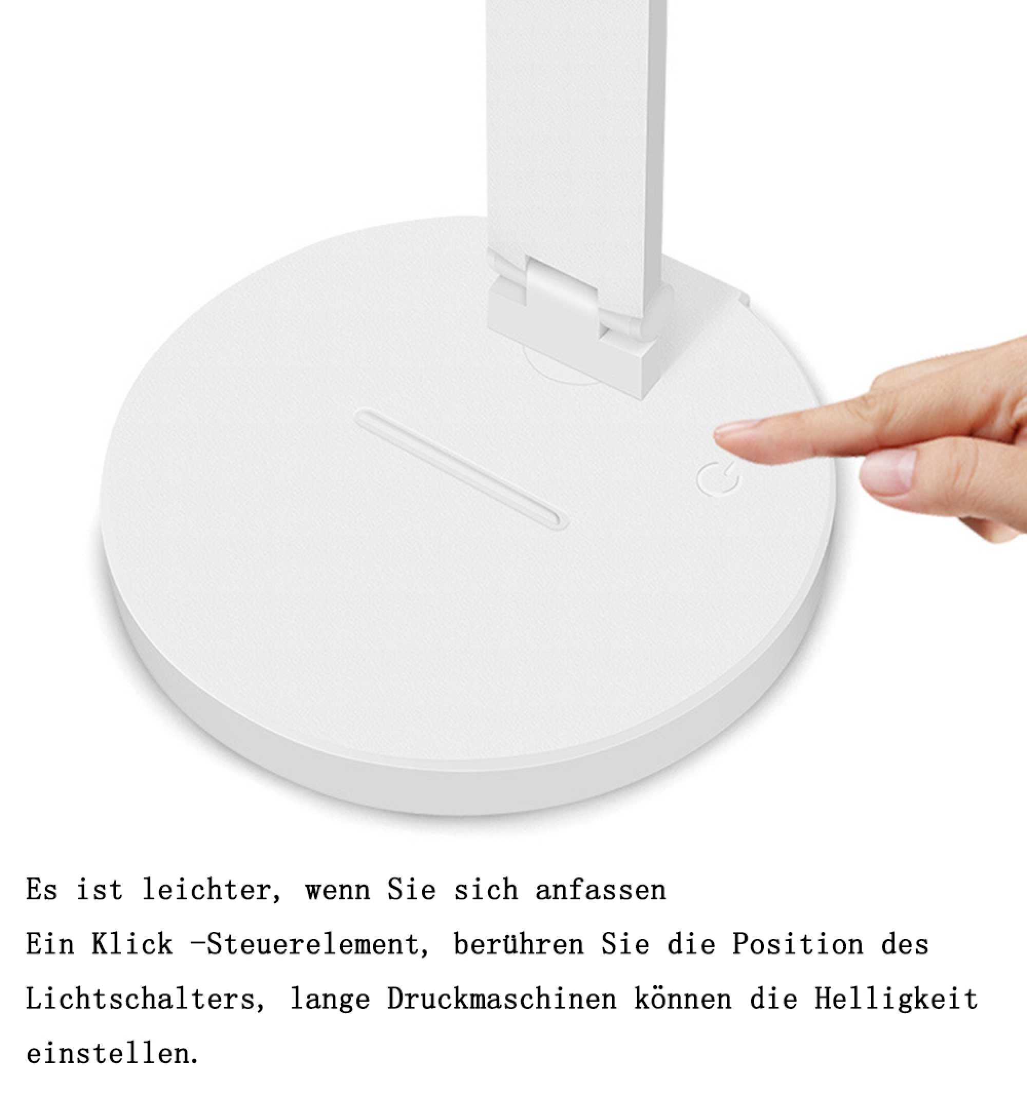 Ein Finger berührt den Ein-/Ausschalter einer weißen Lampe.