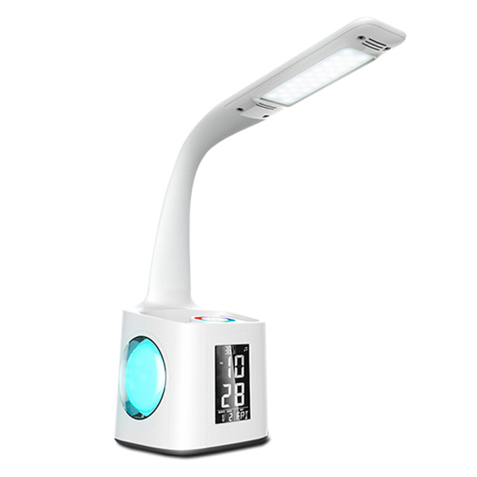Eine weiße LED-Schreibtischlampe mit flexiblem Arm, digitaler Anzeige und blauem Licht.