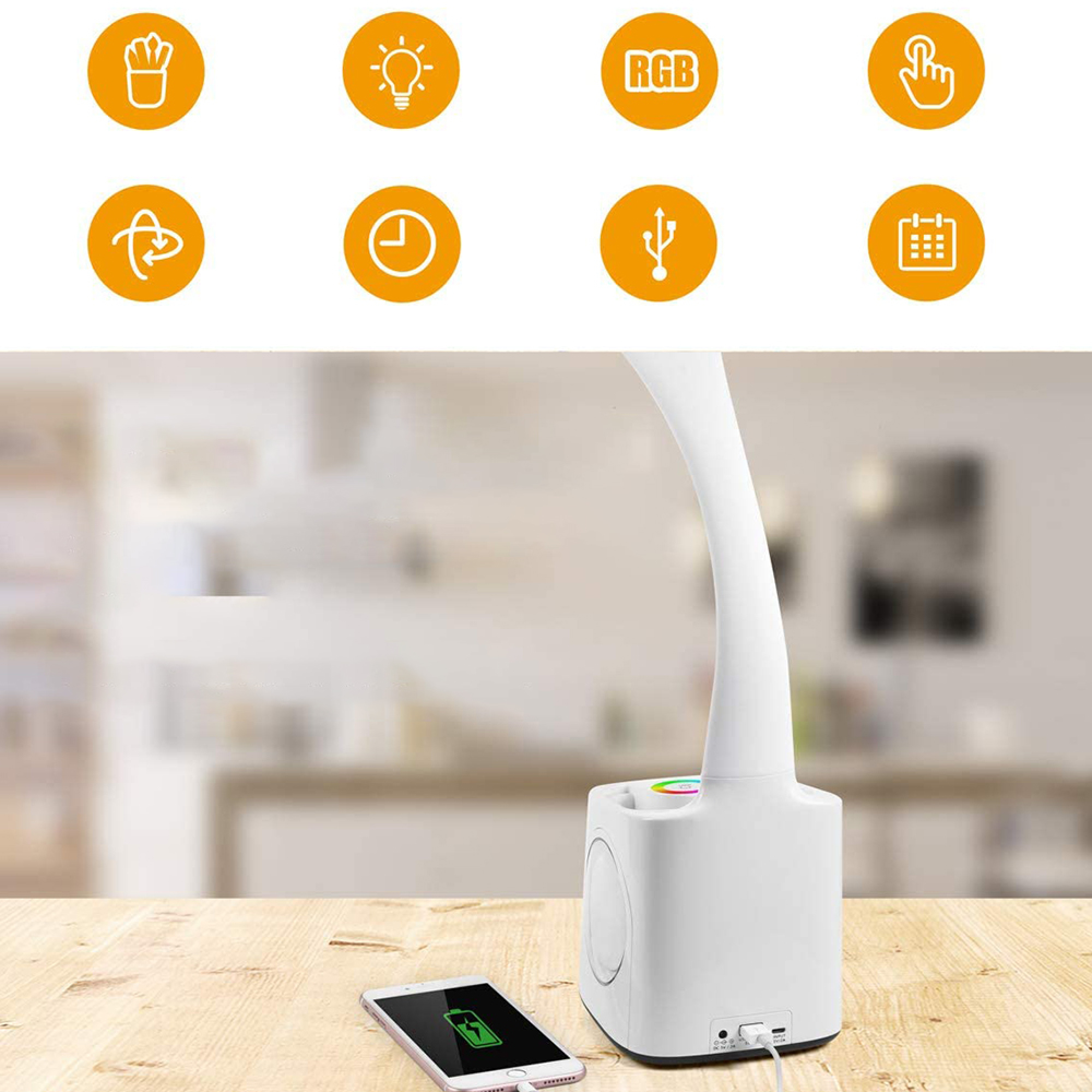 Weiße Lampe mit Lade-Handy und Icons für Licht, RGB, Timer, USB.