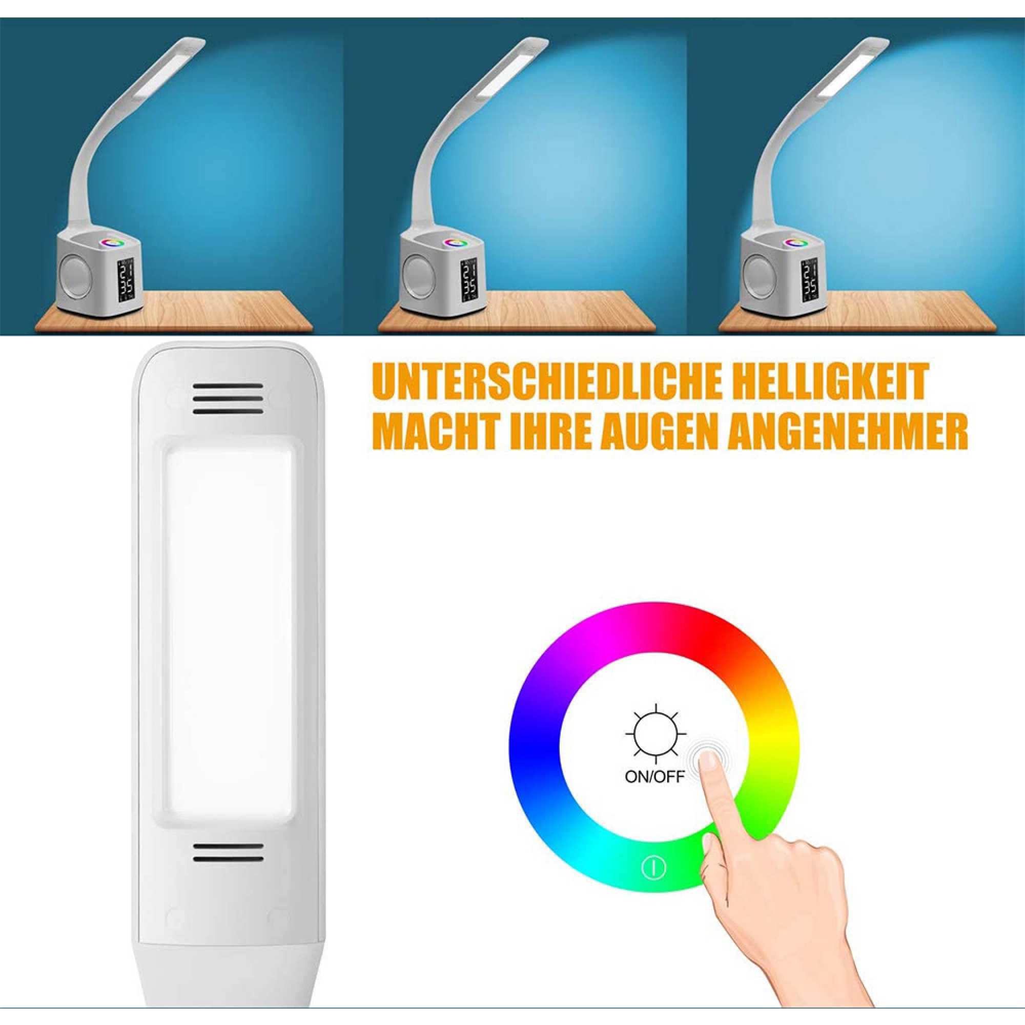 Schreibtischlampe mit digitaler Anzeige und Farbrad.