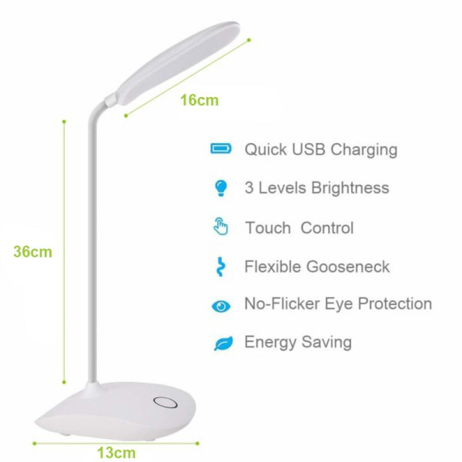 Weiße Schreibtischlampe mit flexibler Halterung, USB-Ladung, 3 Helligkeitsstufen.